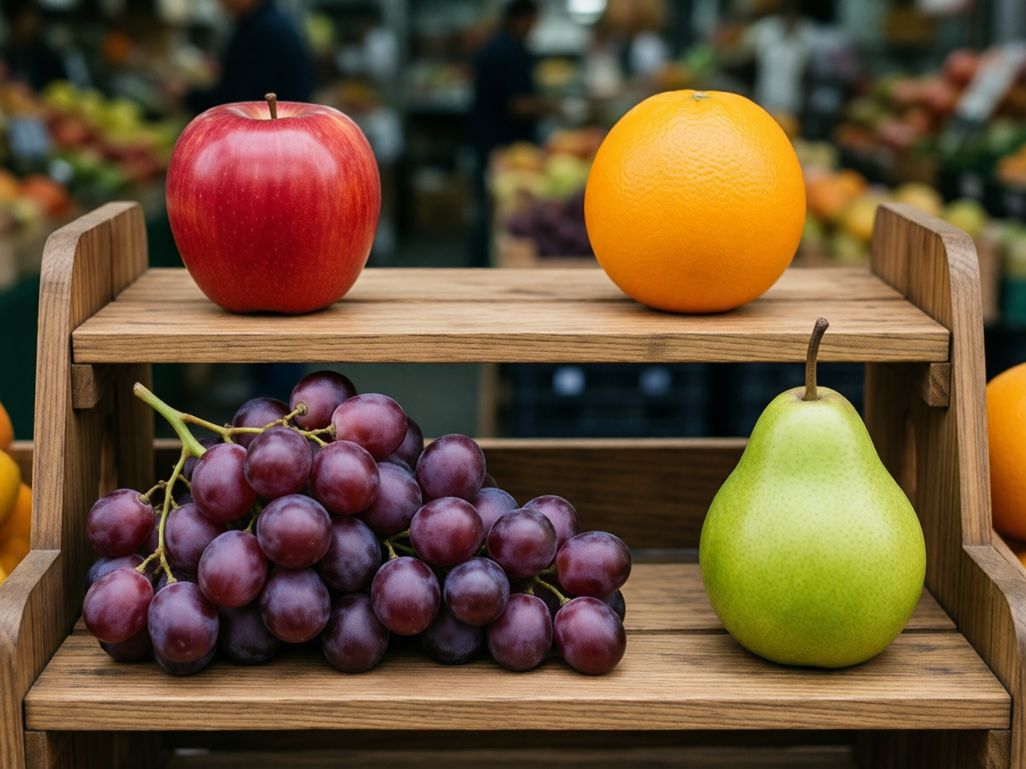 图中展示了一个木质的双层展示架，上面摆放着四种色彩鲜艳的水果。背景是模糊的果菜市场，隐约可见攒动的人影和堆叠的其他果品。架子的上层左侧是一颗硕大的红苹果，右侧是一个圆润的橙子；下层左侧是一大串紫红色的葡萄，右侧则立着一颗翠绿色的梨。整体色调明亮，构图平衡，强调了水果的新鲜质感。

然而，画面中存在明显的 AI 生成缺陷：首先，水果的比例严重失调，苹果、橙子和梨的大小几乎一致，且每一颗葡萄的尺寸都异常巨大，甚至接近梨的一半，违背了现实中的透视与常识。其次，木架的结构存在透视逻辑错误，左侧支撑板与横梁的衔接处显得扭曲且不自然。此外，葡萄的梗部生长方向杂乱，部分果实像是悬浮或直接嵌入在木板中，缺乏真实的物理接触感。