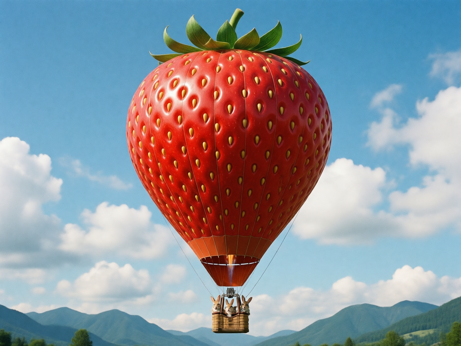 图中展示了一个充满奇幻色彩的场景，一个巨大的草莓热气球正漂浮在湛蓝的天空中。画面中心是一个色泽鲜艳、红润饱满的巨型草莓，它代替了传统的热气球球体，顶端长着翠绿的叶片和短柄，表面布满了金黄色的籽。草莓下方通过几根细绳连接着一个棕色的藤编吊篮，三只可爱的小兔子正从篮子里探出头来。背景是连绵起伏的青绿色山脉和散落着洁白云朵的晴空，整体色调明亮、活泼。在 AI 生成的细节方面，存在明显的逻辑缺陷：连接吊篮的绳索透视关系混乱，部分绳子似乎直接穿过了草莓底部或凭空消失；吊篮上方的喷火装置虽然有火焰，但与草莓底部的衔接显得生硬且不符合物理常识；此外，最右侧兔子的面部特征略显模糊，与整体写实的风格略有出入。