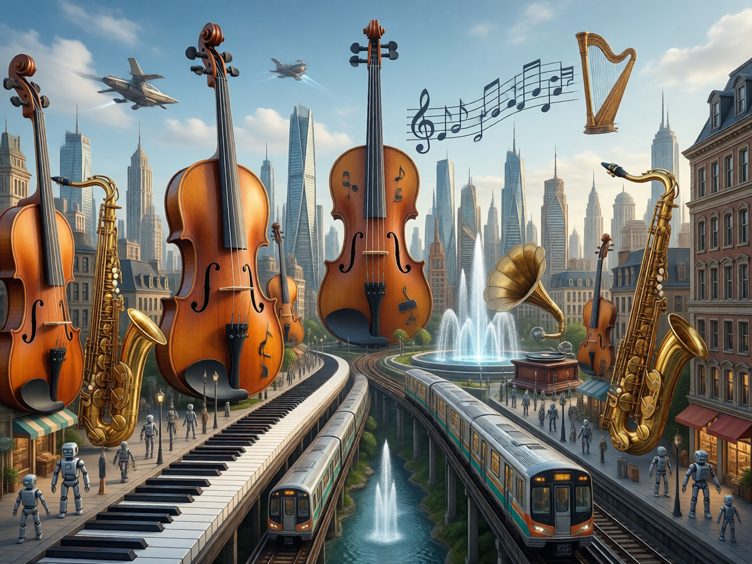 图中展现了一个充满超现实主义色彩的音乐主题城市景观。画面中心矗立着几把巨大的木色小提琴，它们如同摩天大楼般高耸，周围环绕着金色的萨克斯风、留声机喇叭和漂浮在空中的五线谱及竖琴。地面上，一条钢琴键盘化作宽阔的道路，与两条行驶着现代列车的轨道交汇。背景是密集的城市天际线，天空中还有类似战斗机的飞行物。街道上散布着许多银色的小型机器人，呈现出一种科技与艺术交织的奇幻氛围。

作为一张 AI 生成的图片，画面存在多处明显的逻辑缺陷：左侧钢琴键盘的琴键排列杂乱，黑白键比例失调且分布毫无规律；右侧的萨克斯风结构扭曲，按键细节模糊；轨道上的列车透视关系混乱，车头形状不自然；天空中漂浮的五线谱音符形状破碎，且竖琴没有任何支撑物。此外，远处的机器人和行人比例不一，部分建筑物的窗户纹理出现了重叠和错位。