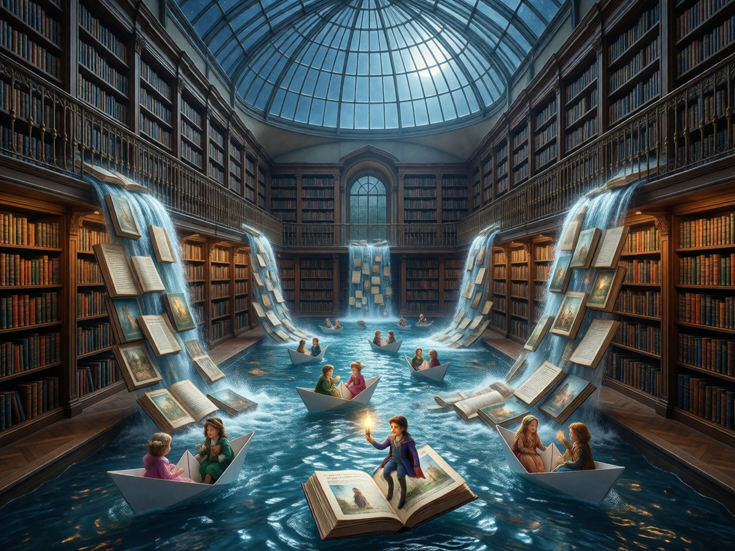 图中展现了一个充满奇幻色彩的宏大图书馆。画面采用对称式构图，两侧是高耸入云的木质书架，摆满了密密麻麻的书籍。图书馆顶部是一个巨大的圆形玻璃穹顶，透出清冷的月光。令人惊叹的是，书架间喷涌出数道如瀑布般的蓝色泉水，汇聚成室内的河流，许多摊开的书本像鱼儿一样顺着水流跃下。河面上漂浮着几只白色的纸船，船上坐着身着古典服饰的小孩，正提着灯火在书海中航行。整体色调以暖棕色的木香与冷蓝色的水流形成对比，营造出一种梦幻的阅读意境。

在 AI 生成的细节方面，存在一些明显的逻辑缺陷：画面中央最前方的小男孩站在一本巨大的开本书籍上，但书本漂浮在水面的姿态缺乏物理重力感；部分纸船上的小孩面部五官模糊不清，甚至出现了肢体融合的现象；水流中散落的书本透视角度有些混乱，部分书页与水花的衔接显得生硬且不自然。此外，远处的书架纹理出现了重复的平铺感。