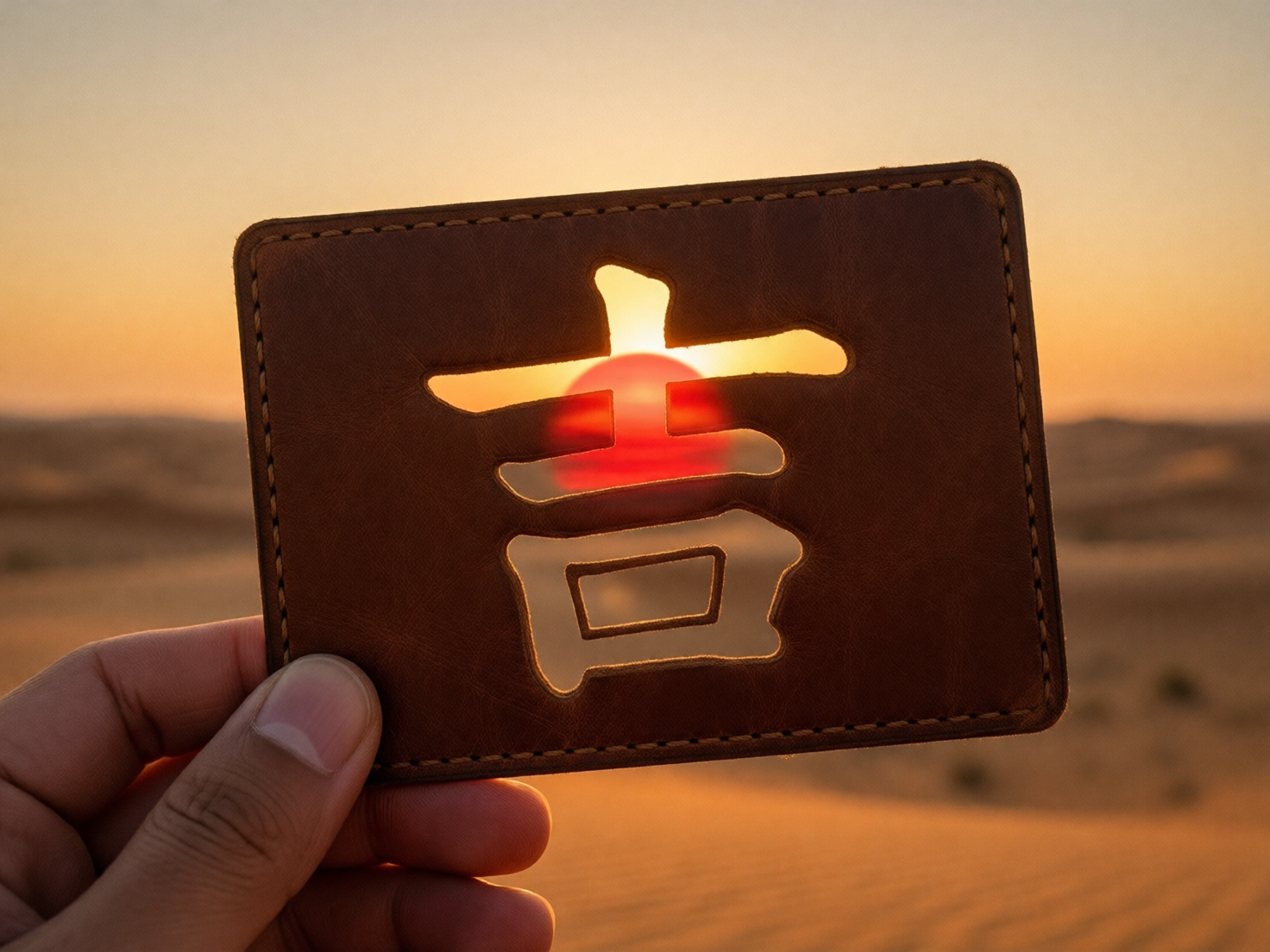 图中展示了一幅在广袤沙漠背景下的日落景象。画面前景中，一只左手捏着一块深棕色的皮革卡片，卡片中心被镂空刻出了一个巨大的汉字“吉”。背景是连绵起伏的沙丘，在夕阳的映照下呈现出温暖的橘黄色。一颗红彤彤的圆日正处于地平线附近，恰好透过“吉”字上半部分的镂空处显现出来，仿佛汉字正环抱着太阳。构图上采用了中心聚焦的方式，光影柔和且富有质感。

画面中存在明显的 AI 生成缺陷：首先，左下角的手部结构异常，手指的关节连接显得生硬且不符合解剖学逻辑，大拇指的指甲形状模糊。其次，镂空的“吉”字笔画并不规范，尤其是下半部“口”字的左侧线条与上方横画的连接处显得扭曲且断裂。此外，皮革卡片边缘的缝线虽然清晰，但在转角处显得过于机械且缺乏真实的物理厚度感，太阳的光晕在镂空边缘的折射也略显生硬。
