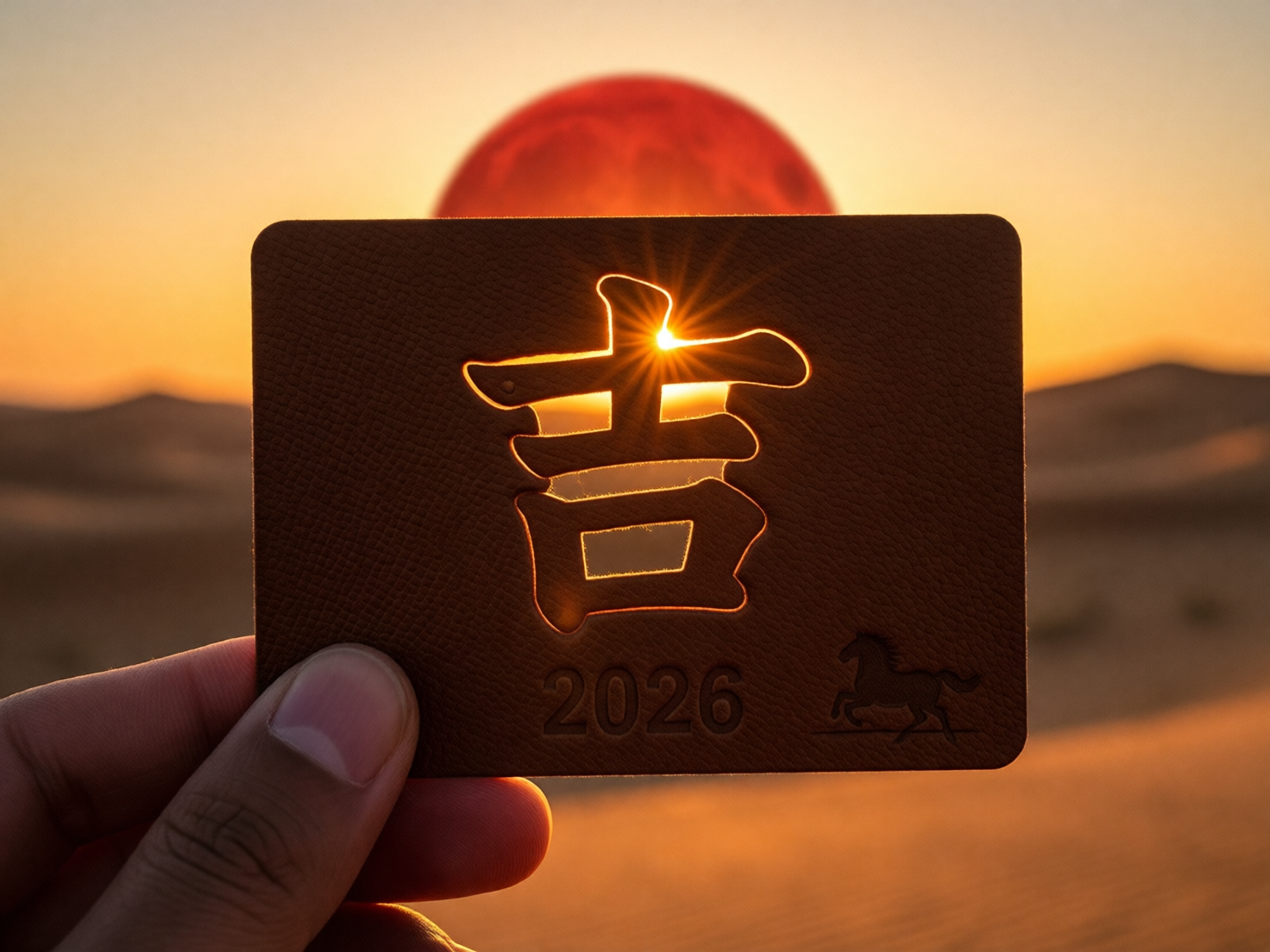 画面中，一只手在沙漠背景下举起一张深棕色皮革质感的卡片。卡片中心镂空刻有一个巨大的汉字「吉」，夕阳的光芒正好穿过镂空处，形成耀眼的星芒效果。卡片下方压印着数字「2026」和一匹奔马的图案。背景是连绵的沙丘，地平线上升起一轮巨大的红色圆日，整个画面笼罩在温暖的橙黄色调中。在 AI 生成的细节方面，存在明显的逻辑错误：画面背景中已经出现了一个巨大的红色落日，但镂空处透出的刺眼阳光却像是来自另一个光源，光影逻辑不统一。此外，手持卡片的大拇指指甲形状略显生硬，卡片右下角的马匹图案线条略显模糊，缺乏真实的压印深度感。总体构图虽然具有视觉冲击力，但光影处理带有明显的 AI 合成痕迹。