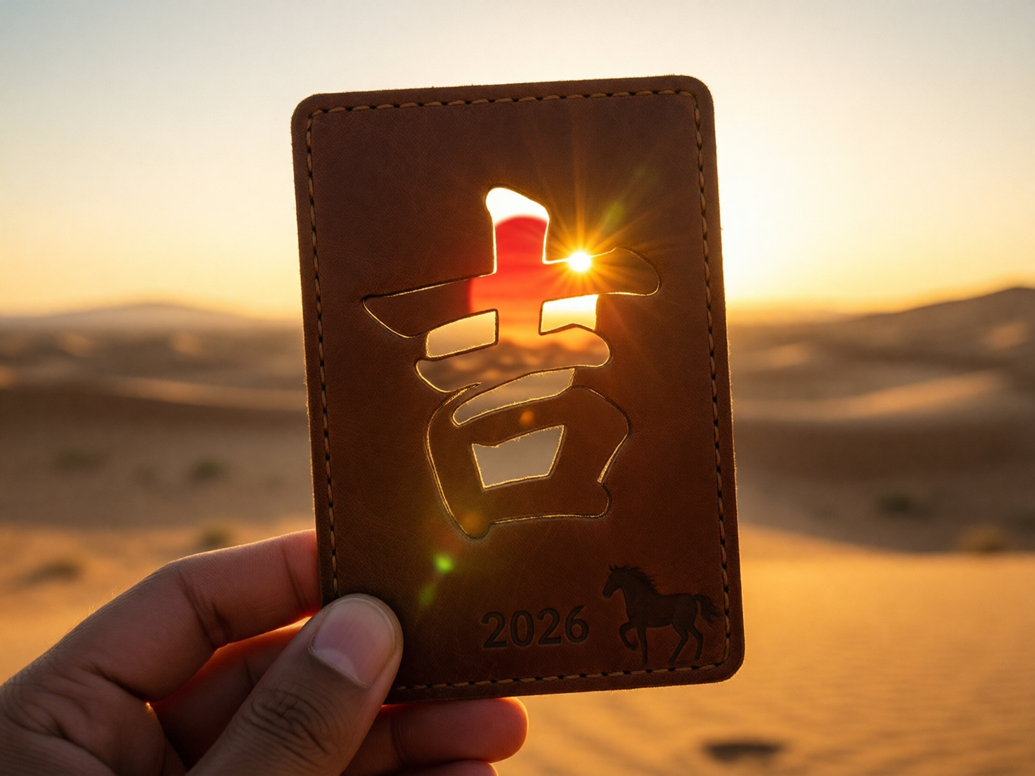 图中展示了一只手在广袤的沙漠背景下，举着一张棕色皮革质感的长方形卡片。卡片中心采用了镂空设计，呈现出一个巨大的汉字“吉”，寓意吉祥。透过这个镂空的“吉”字，可以看到远方地平线上正在升起或落下的红日，阳光穿透镂空处，形成耀眼的金色光芒和光晕。卡片右下角压印有数字“2026”和一匹奔马的剪影。背景是连绵起伏的沙丘，色调以温暖的橙黄色和棕色为主。

在 AI 生成的细节方面，存在一些明显的逻辑缺陷：首先，卡片中心“吉”字的笔画是完全镂空的，但在物理现实中，该字的下半部分“口”字中间的皮革块应该会因为失去支撑而掉落，画面中却违背重力悬浮在空中。其次，左下角拿卡片的手部比例略显僵硬，指关节的纹路处理不够自然。此外，卡片边缘的缝线虽然清晰，但在转角处的针孔分布略显不均。