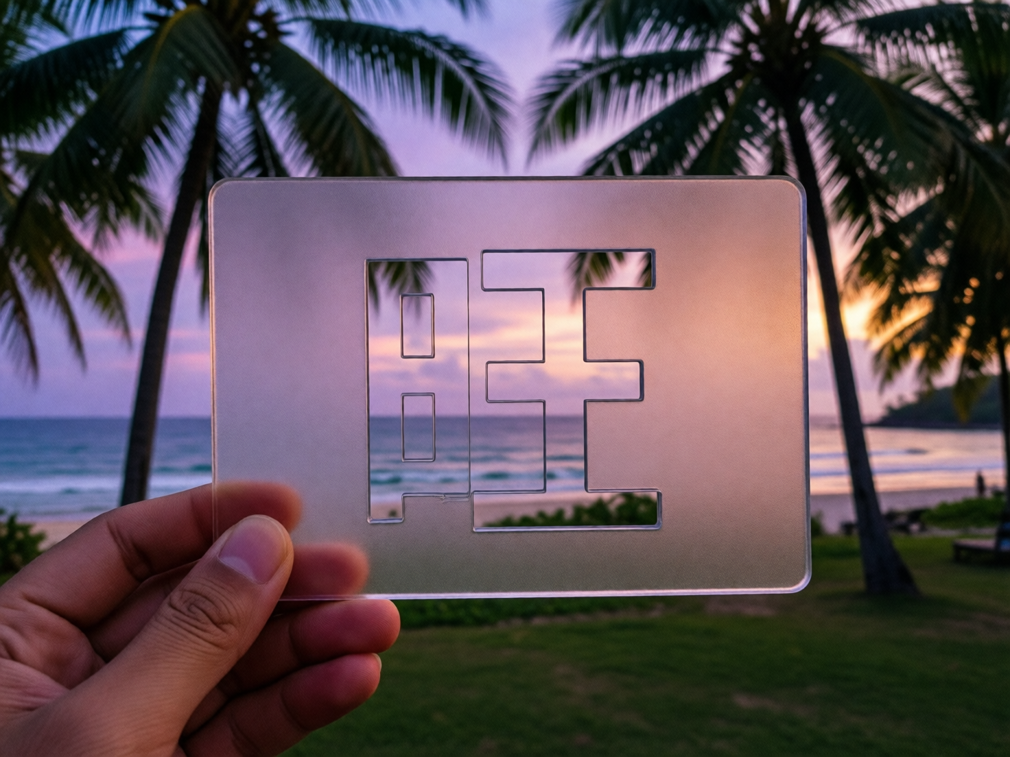 画面中，一只左手在镜头前举起一块半透明的磨砂质感方牌，背景是黄昏时分的迷人海滩。天空呈现出梦幻的淡紫色与橙黄色交织的晚霞，两棵高大的棕榈树在画面两侧对称分布，叶片向中心聚拢，远方是平静的蓝色海面与沙滩。方牌中心镂空刻有一个汉字“旺”，透过镂空部分可以看到远处的地平线。构图采用中心对称布局，色调温暖且富有热带风情。

在 AI 生成的细节方面，存在明显的逻辑缺陷：首先，手部动作极其异常，大拇指的指甲朝向观众，但手指的关节连接方式违背了人体构造，看起来像是手掌背面长出了指腹。其次，方牌中心的“旺”字镂空设计不符合物理常识，左侧“日”字的中间横画和右侧“王”字的横画在没有任何连接点的情况下悬浮在空中，现实中这种镂空会导致内部零件掉落。此外，方牌边缘的透视与手指捏握的力度感也略显生硬。