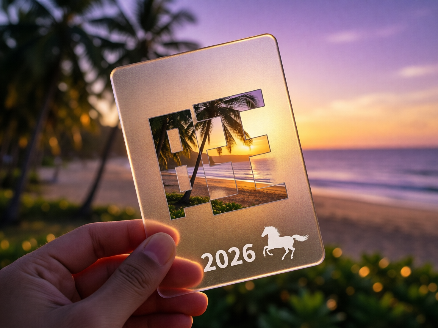 画面中，一只手正捏着一张半透明的磨砂质感卡片，背景是落日余晖下的热带海滩。天空呈现出迷人的紫色与橙色渐变，远处是模糊的棕榈树剪影和静谧的海浪。卡片中心有一个镂空的特殊字符，形状像是字母“B”与“E”的结合体，通过这个孔洞可以看到清晰的海滩日落景象，与周围模糊的背景形成对比。卡片右下方印有白色的“2026”字样和一匹奔跑的小马图标。

作为一张 AI 生成的图片，画面存在明显的逻辑与细节缺陷：首先，持卡人的手部比例失调，大拇指异常粗大且指甲形状不自然，手指的抓握姿势显得生硬。其次，卡片镂空处的透视关系存在异常，孔洞中看到的椰子树位置与背景中的树木逻辑无法完全对应。此外，卡片边缘的受光效果过于均匀，缺乏真实环境中应有的复杂折射与阴影变化。