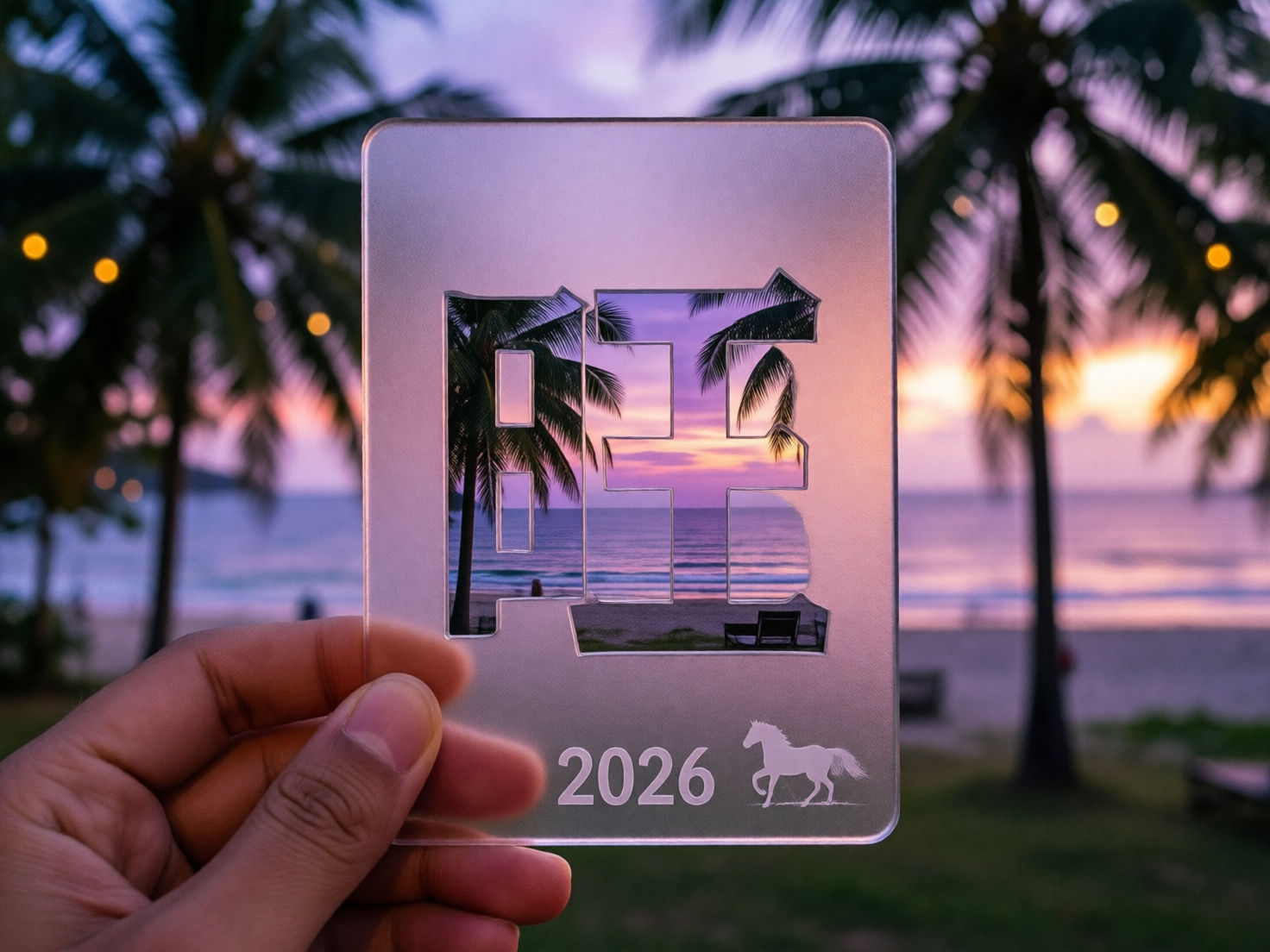 图中展示了一只左手拿着一张半透明磨砂质感的矩形卡片，背景是黄昏时分宁静的海滩。卡片中心有一个巨大的镂空汉字“旺”，通过这个镂空处可以看到远处的紫色晚霞、椰子树和海浪。卡片右下方印有白色的数字“2026”以及一个奔马的剪影。背景中的椰林挂着点点暖黄色灯光，整体色调呈现出温馨的紫色与橙色交织感。在 AI 生成的细节方面，存在明显的逻辑错误：首先，卡片中心的汉字“旺”字结构异常，左侧的“日”部与右侧的“王”部连接方式生硬且不符合常规笔画；其次，持卡的手部比例略显僵硬，大拇指的指甲形状不够自然；最显著的缺陷是，2026 年在农历中应为马年，但卡片上的镂空文字与年份的排版略显局促，且背景中椰子树的叶片在镂空边缘处出现了不自然的断裂和透视错位。