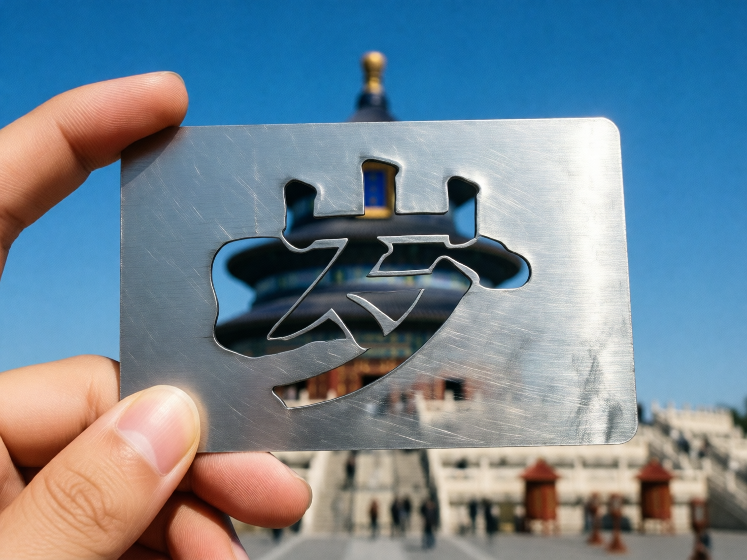 画面中，一只手在镜头前捏着一张银灰色的金属卡片。卡片中心被镂空，剪影呈现出一个艺术化的汉字形状，看起来像是“岁”或“梦”字的变形。透过这个镂空处，可以清晰地看到背景中宏伟的北京天坛祈年殿，蓝色的琉璃瓦顶和金色的顶尖在晴朗的蓝天下格外醒目。卡片以外的背景被虚化处理，隐约可见天坛前的广场和游人。

这张图片存在明显的 AI 生成缺陷：首先，手部结构异常，左侧捏住卡片边缘的手指比例不自然，指尖的形状显得生硬且缺乏细节。其次，金属卡片上的镂空字形并不符合任何标准的汉字书写逻辑，笔画连接处显得支离破碎且意义不明。此外，卡片边缘与手指接触的地方光影衔接不够真实，金属表面的拉丝纹理在边缘处显得有些模糊。整体构图虽然巧妙，但细节处的逻辑错误揭示了其 AI 生成的本质。