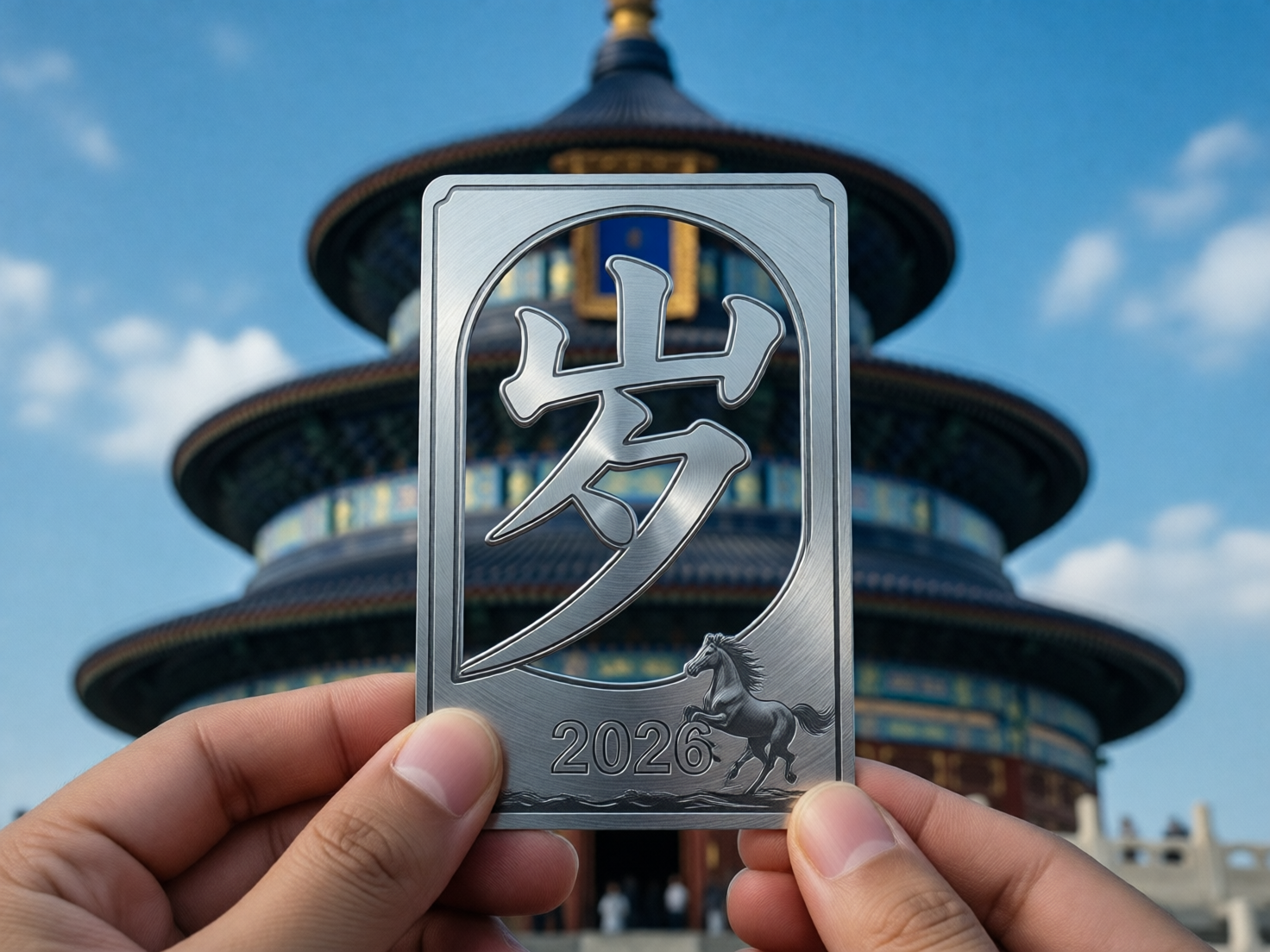 图中展示了一双人手正举着一张银色金属质感的镂空卡片，背景是蓝天白云下模糊处理的北京天坛祈年殿。卡片中心是一个巨大的镂空汉字“岁”，下方刻有数字“2026”以及一匹奔腾骏马的浮雕。画面构图对称，色调清新，呈现出一种纪念币或文创产品的质感。

然而，画面中存在明显的 AI 生成缺陷：首先，最显著的问题在于手部，左侧大拇指的指甲形状异常，且虎口处的肌肉线条与手指连接处逻辑混乱，显得不够自然；其次，卡片上的汉字“岁”虽然清晰，但其笔画结构带有明显的艺术化变形，并不完全符合标准字体的书写规范；最后，背景中的天坛建筑虽然轮廓可辨，但细节处如檐下的彩绘和斗拱结构显得模糊且杂乱，缺乏真实的建筑逻辑。此外，卡片边缘的金属拉丝纹理在与手指接触的位置出现了轻微的透视扭曲。