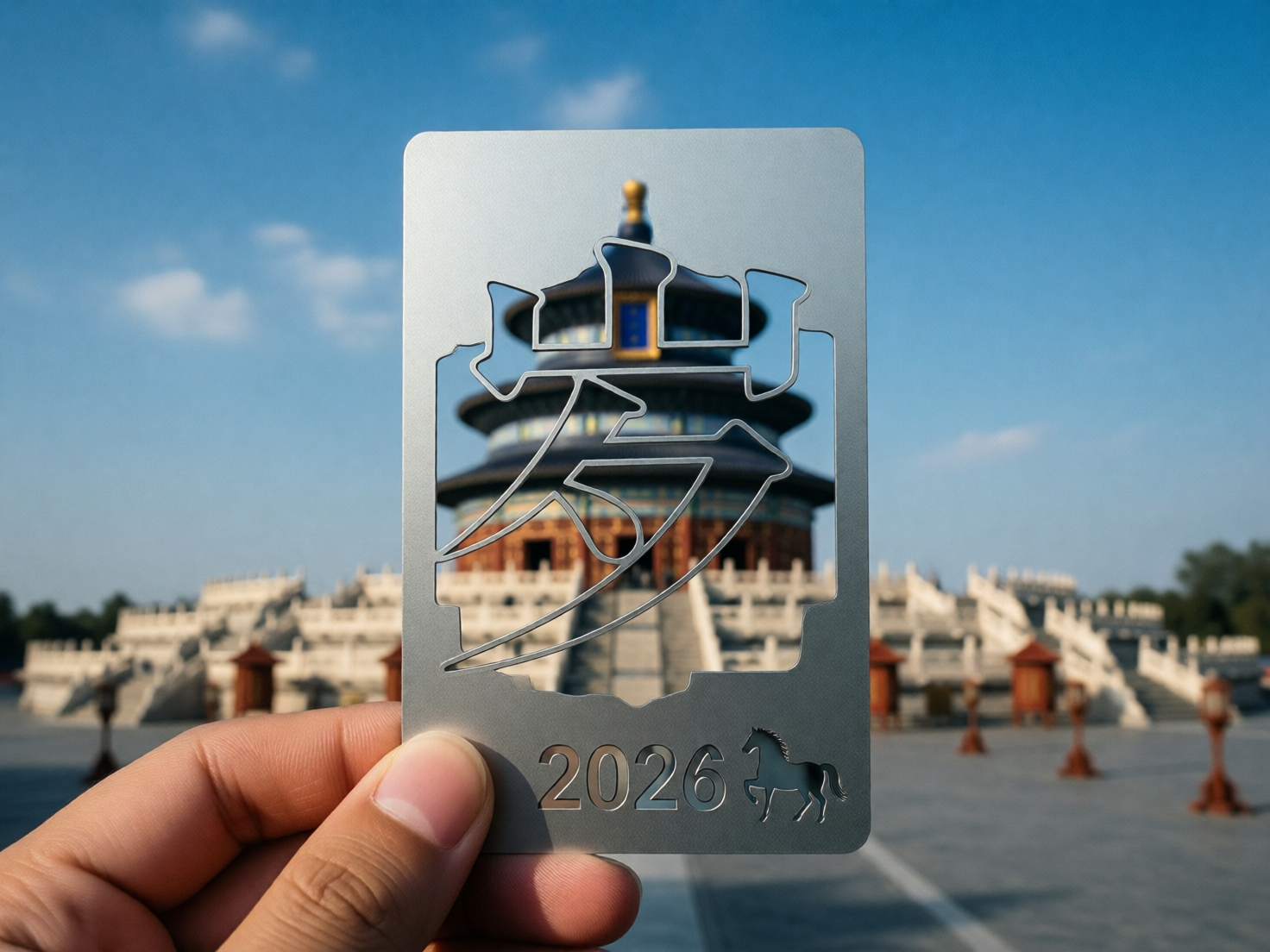 图中展示了一只手拿着一张银色金属镂空卡片，背景是北京天坛祈年殿。画面构图采用中心对称，卡片位于视觉中心，透过卡片中间巨大的镂空汉字，可以清晰地看到远处被虚化的天坛建筑。卡片下方刻有数字“2026”和一个小马形状的剪影，象征着农历马年。背景天空湛蓝，点缀着几朵白云，阳光明媚，光影感强烈。

在 AI 生成的细节方面存在明显的逻辑缺陷：首先，卡片中间的镂空汉字结构混乱，并非标准的“岁”或其他汉字，笔画断裂且不符合书法逻辑。其次，2026 年在农历中应为马年，但卡片上的马形剪影线条略显生硬。最明显的缺陷在于手部，大拇指的指甲形状异常平整，且手指与卡片接触的边缘处理得不够自然，缺乏真实的压痕与质感。此外，背景中天坛底部的汉白玉栏杆在透视上略显扭曲，与真实的建筑结构有细微偏差。