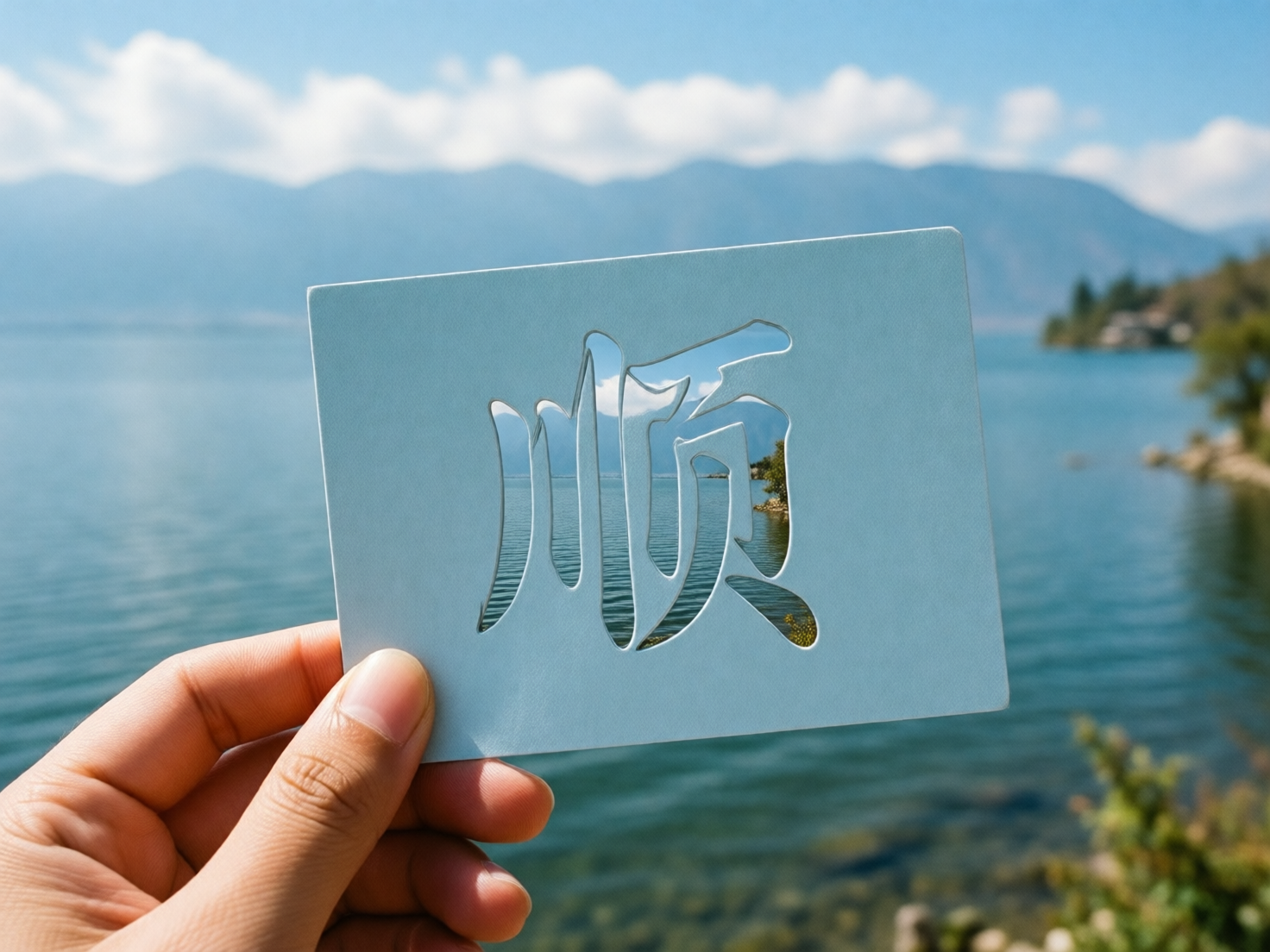 图中展示了一只左手拿着一张浅蓝色的长方形卡片，背景是宁静的湖光山色。卡片中心被镂空剪出了一个汉字“顺”，透过镂空的部分可以看到远处的湖水、山脉和蓝天白云，构思巧妙。背景中的湖水呈碧蓝色，微波粼粼，远处的群山在淡蓝色的雾霭中起伏，天空晴朗，飘着几朵白云。画面整体色调清新自然，给人以宁静和顺利的心理感受。

在 AI 生成的细节方面，存在一些明显的逻辑缺陷：首先，镂空的“顺”字结构不符合物理常识，汉字中本应分离的笔画（如右侧“页”字部的内部零件）在没有连接点的情况下却悬浮在空中，没有掉落。其次，手部虽然看起来自然，但卡片的左下角与手指接触的位置显得有些模糊，且卡片边缘过于锋利，缺乏厚度感。此外，透过镂空看到的背景与卡片外的背景在透视和光影上略有不连贯。