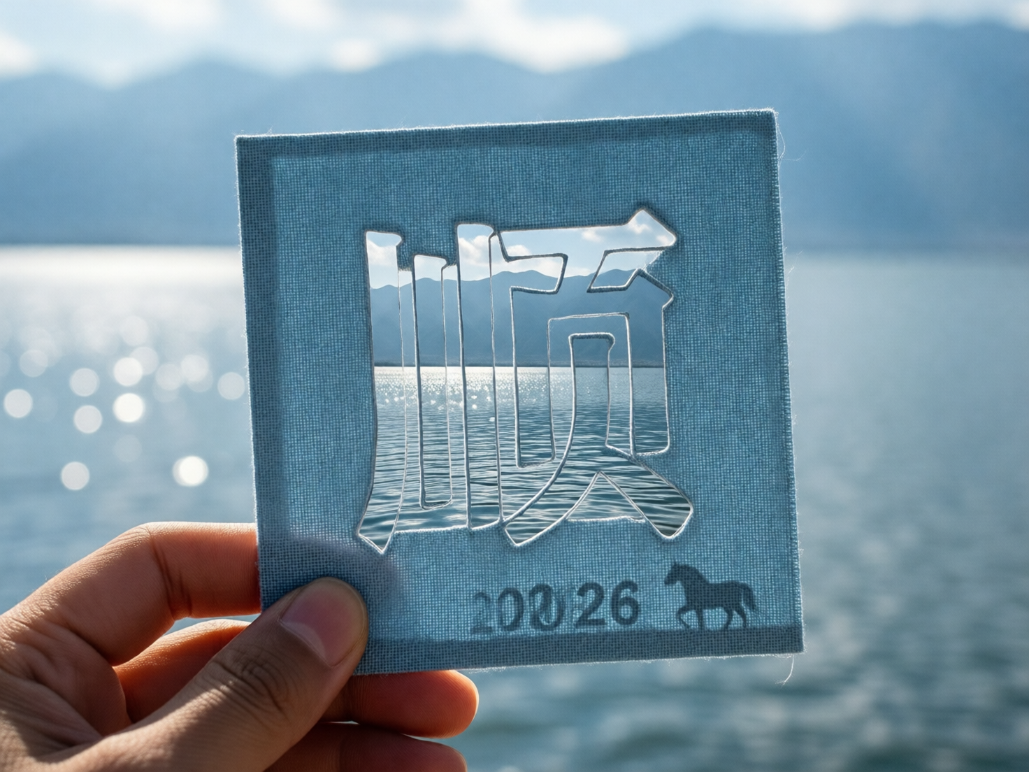 图中展示了一只左手捏着一张浅蓝色正方形布片的场景。布片中心被镂空剪裁出一个巨大的汉字“顺”，透过这个镂空的字，可以看到背景中波光粼粼的湖面和远处的群山。背景光线明亮，湖面上闪烁着细碎的白色光斑。布片的右下角印有一匹黑马的剪影，以及一串模糊的数字。整体色调以清新自然的蓝色和白色为主，构图简洁，具有一种宁静致远的意境。

在 AI 生成的细节方面，存在明显的逻辑和结构缺陷。首先，布片下方的数字“20226”排列混乱，字形扭曲且重叠，无法辨认具体含义。其次，镂空的“顺”字笔画结构不符合常规汉字书写，左侧的“川”字部首与右侧部分连接生硬，且边缘的裁剪痕迹在透视上显得不够自然。此外，捏住布片的手指比例略显僵硬，指甲盖的形状和边缘处理也带有 AI 生成常见的模糊感。