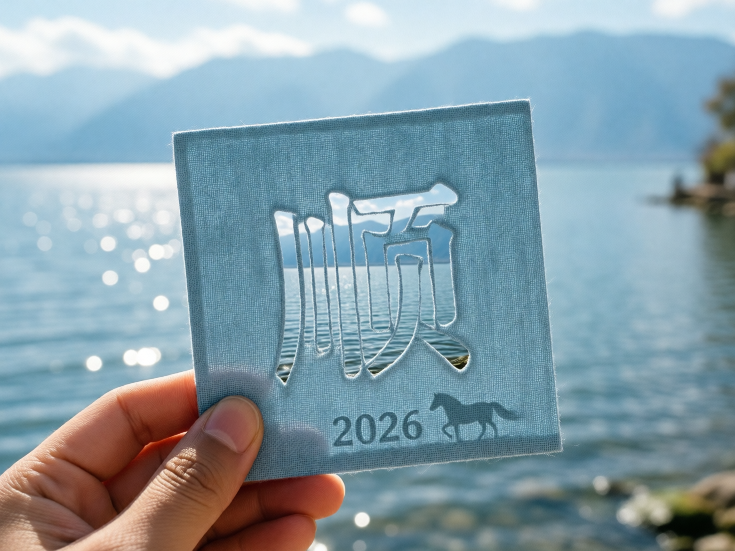图中展示了一只手拿着一张浅蓝色正方形布片的场景。背景是波光粼粼的湖泊和远处的连绵山脉，阳光在水面上形成点点光斑，整体色调清新自然。这块布片中心镂空刻有一个汉字“顺”，通过镂空处可以看到背景的湖水。布片右下方印有数字“2026”和一匹奔马的剪影。

画面中存在明显的 AI 生成缺陷：首先，手持布片的手指比例失调，尤其是大拇指的指甲形状和关节纹路显得不够自然，且手指与布片接触的边缘略显模糊。其次，镂空的“顺”字笔画结构存在逻辑错误，左侧的“川”部与右侧部分连接方式诡异，不符合汉字书写规范。此外，布片下方的数字“2026”和马匹剪影呈现出半透明的镂空感，但其边缘与布料纹理的融合不够真实，透视关系略显生硬。