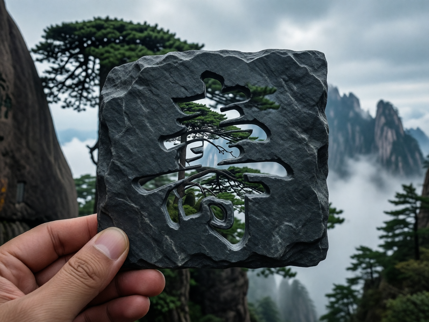 图中展示了一只左手捏着一块深灰色方形石板，石板中心被镂空成一个复杂的汉字形状。透过这个镂空的字样，可以看到背景中云雾缭绕的山峰和挺拔的松树，这种巧妙的构图让远处的自然景观精准地填充了文字的轮廓。背景是典型的中式山水画风格，色调冷峻，以灰蓝和墨绿为主。

画面呈现出明显的 AI 生成特征：首先，石板中间镂空的汉字并非标准字体，结构扭曲且难以辨认，更像是一种模仿汉字笔画的随机图形。其次，手部细节存在逻辑缺陷，大拇指的指甲形状略显生硬，且手指与石板接触的受力感不够自然。此外，背景中的松树枝叶与镂空边缘的衔接过于生硬，透视关系略显平面化，缺乏真实摄影的景深层次感。