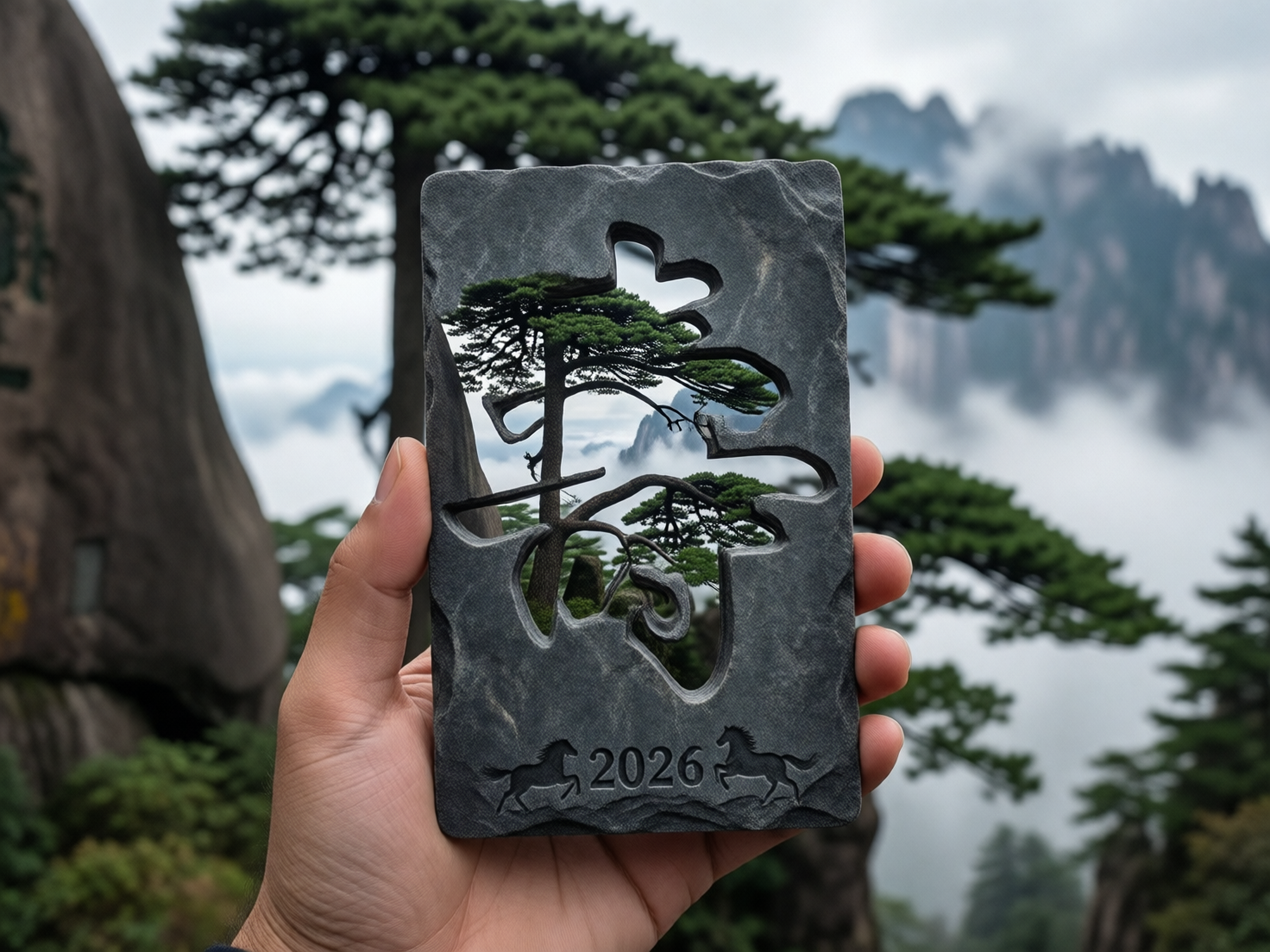图中展示了一只左手托举着一块深灰色石质文创牌，背景是云雾缭绕的黄山奇峰与松树。石牌中央采用了镂空设计，镂空的形状是一个变形的汉字，透过孔洞可以看到远处的迎客松。石牌底部刻有数字“2026”以及两匹奔马的浮雕。整体色调以石头的冷灰色、松树的深绿色和云雾的浅灰色为主，构图呈现出一种“景中景”的视觉效果。

然而，画面中存在明显的 AI 生成缺陷：首先，托举石牌的手部结构异常，大拇指异常粗大且关节连接僵硬，右侧支撑的指尖形状模糊且数量模糊。其次，石牌中间的镂空汉字并非标准字体，笔画逻辑混乱，无法辨认具体含义。此外，镂空处看到的松树枝干与背景松树的透视关系不符，仿佛是直接贴在孔洞里的贴纸。最后，石牌边缘的质感在某些地方显得过于平滑，与石材的粗糙纹理不匹配。