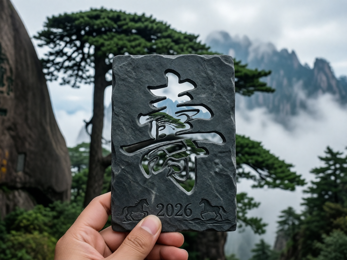 图中展示了一只左手捏着一块深灰色长方形石板，背景是云雾缭绕的黄山奇峰与迎客松。石板中心采用镂空工艺，雕刻出一个复杂的汉字，透过镂空处可以看到远处的山峦与松树。石板下方刻有数字“2026”，两侧各有一匹奔马的浮雕。整体色调以深灰、翠绿和雾白色为主，构图呈现出一种“景中窗”的视觉效果。

在 AI 生成细节方面，存在明显的逻辑与结构缺陷：首先，石板中心的镂空汉字并非标准字体，其笔画结构混乱，无法辨认具体含义，且部分镂空边缘与背景的透视关系不自然。其次，左下角捏住石板的手部比例略显僵硬，手指的关节转折不够自然。此外，石板下方的两匹马浮雕线条模糊，缺乏石刻应有的质感。背景中的松树分支在镂空处与实景处的衔接也存在轻微的视觉错位。