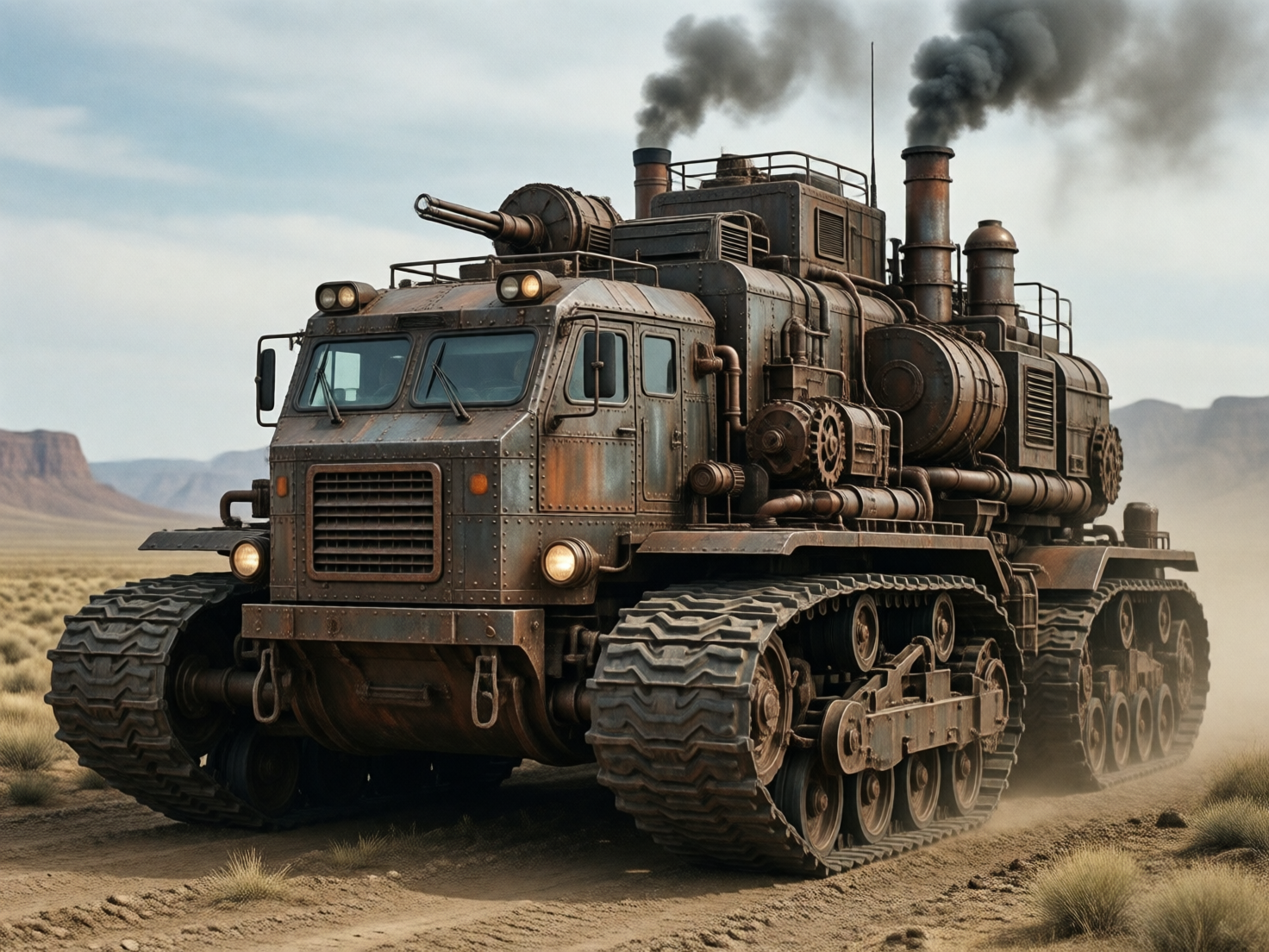 图中展示了一辆巨大的、具有废土蒸汽朋克风格的履带式重型装甲车，正行驶在荒凉的沙漠戈壁中。这辆车通体呈现出铁锈般的深褐色，车身布满了铆钉、管道、齿轮和巨大的储气罐，顶部两根粗壮的烟囱正向天空排放着浓浓的黑烟。车头上方安装有一门双管机炮，整体造型融合了重型卡车与坦克的特征。背景是广阔的淡褐色荒原和远处的低矮山脉，天空呈现出淡淡的蓝灰色。画面构图采用斜侧视角，突显了车辆的庞大与力量感。在 AI 生成的细节方面，存在明显的逻辑缺陷：车辆左侧前方的履带结构与车身的连接处透视混乱，显得悬浮且缺乏物理支撑；车顶的机炮结构模糊，缺乏明确的转动机构；车身侧面的管道和齿轮排列过于随机，不符合实际的机械工程逻辑；此外，履带压过地面留下的痕迹与履带本身的宽度和位置并不完全匹配。
