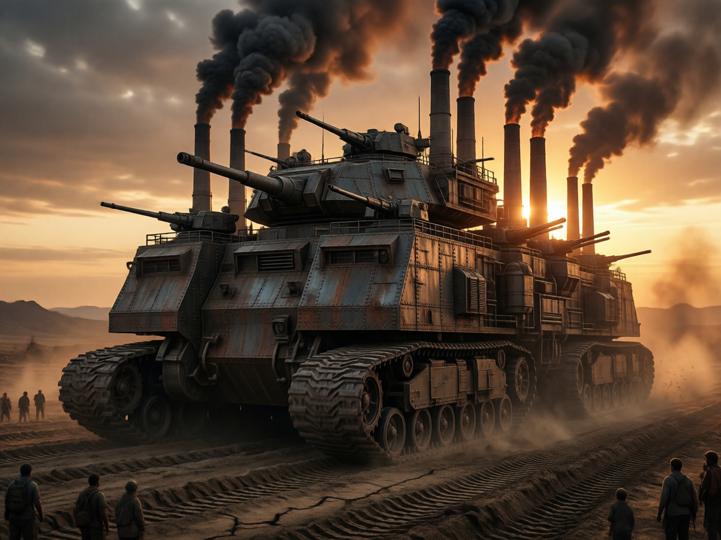 图中展示了一辆极具工业朋克风格的超大型陆上战舰，它正行驶在荒凉的沙漠地带。这辆战舰体型巨大，如同一座移动的钢铁堡垒，车身上布满了锈迹斑斑的金属装甲、密集的铆钉和多座大小不一的炮塔。最引人注目的是，战舰顶部竖立着十余根巨大的烟囱，正向昏黄的天空喷吐着浓厚的黑烟。背景是壮丽的落日余晖，金色的光芒穿过烟雾，营造出一种压抑而悲壮的氛围。画面前景和左侧站着几名渺小的人影，正仰望着这台战争机器。

在 AI 生成细节方面，画面存在明显的逻辑缺陷：首先，战舰的履带结构异常复杂且不符合机械原理，多组履带的衔接处显得混乱；其次，车体上方的炮塔指向杂乱，部分炮管似乎直接穿透了其他结构；最明显的错误在于烟囱的排布，它们看起来更像是直接粘贴在背景上的工厂烟囱，与车体的透视关系不自然，且烟雾的流动方向与车辆行驶产生的动力感不匹配。此外，前景人物的肢体细节较为模糊，缺乏清晰的轮廓。