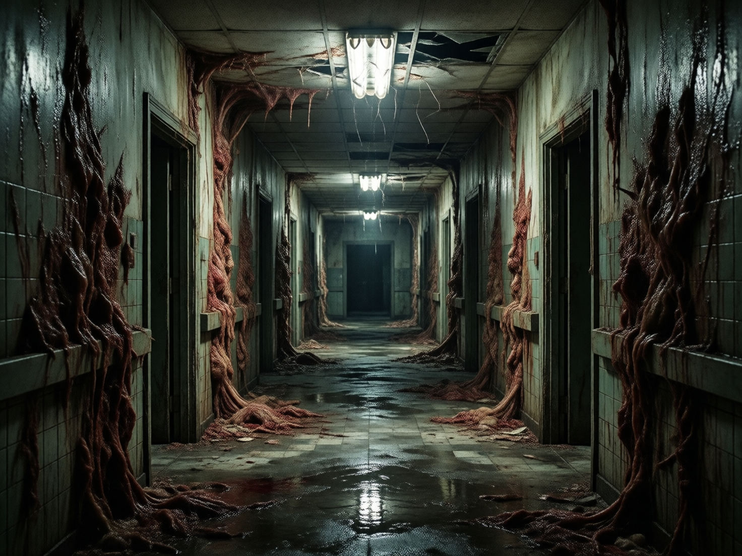 图中展现了一个充满恐怖与压抑气息的废弃医院走廊。画面采用深远的一点透视构图，长长的走廊向黑暗的尽头延伸。走廊两侧布满了暗红色的、类似肌肉组织或血管的生物质，它们如同藤蔓般从破损的墙壁和天花板缝隙中溢出，垂挂在房门周围并蔓延至潮湿的地板上。墙面铺着肮脏的青灰色瓷砖，天花板上的日光灯发出冷白色的微光，在积水的地面映出模糊的倒影。整体色调阴暗，以冷灰、墨绿与血腥的暗红色形成强烈对比。在 AI 生成细节方面，画面存在明显的逻辑缺陷：天花板上的灯管排列不自然，部分灯具似乎直接嵌入了破碎的建筑结构中；远处的门框线条出现了扭曲与重叠，且生物组织的纹理在细节处显得过于重复和模糊，缺乏真实的解剖学逻辑。