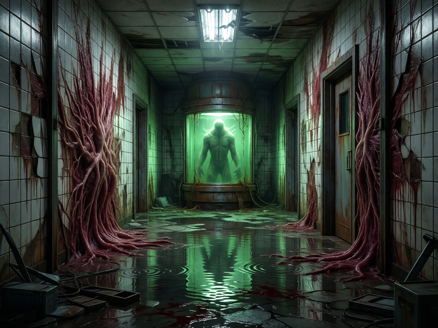 画面中呈现了一个充满恐怖科幻气息的废弃实验室走廊。构图采用对称的透视纵深感，尽头是一个散发着幽暗绿光的巨大圆柱形玻璃培养舱。舱内浸泡着一个体型魁梧、皮肤呈现褶皱纹理的类人生物，其身影在绿光中显得阴森压抑。走廊两侧的白色瓷砖墙壁上，覆盖着大量暗红色、类似肌肉纤维或血管状的生物组织，这些组织像树根一样蔓延至积水的地面。地面反射着培养舱的绿光，并混杂着血迹。画面整体色调阴冷，以墨绿、深灰和血红为主。

在 AI 生成的细节方面，存在一些明显的逻辑缺陷：天花板上的日光灯结构模糊且透视扭曲，与破碎的吊顶衔接不自然；地面水池中的波纹虽然细致，但反射出的培养舱倒影在比例和位置上与实物略有偏移；左侧墙壁上的生物组织与瓷砖的融合处显得过于生硬，缺乏真实的物理接触感；此外，走廊两侧的房门把手位置和形状也显得不够规整。