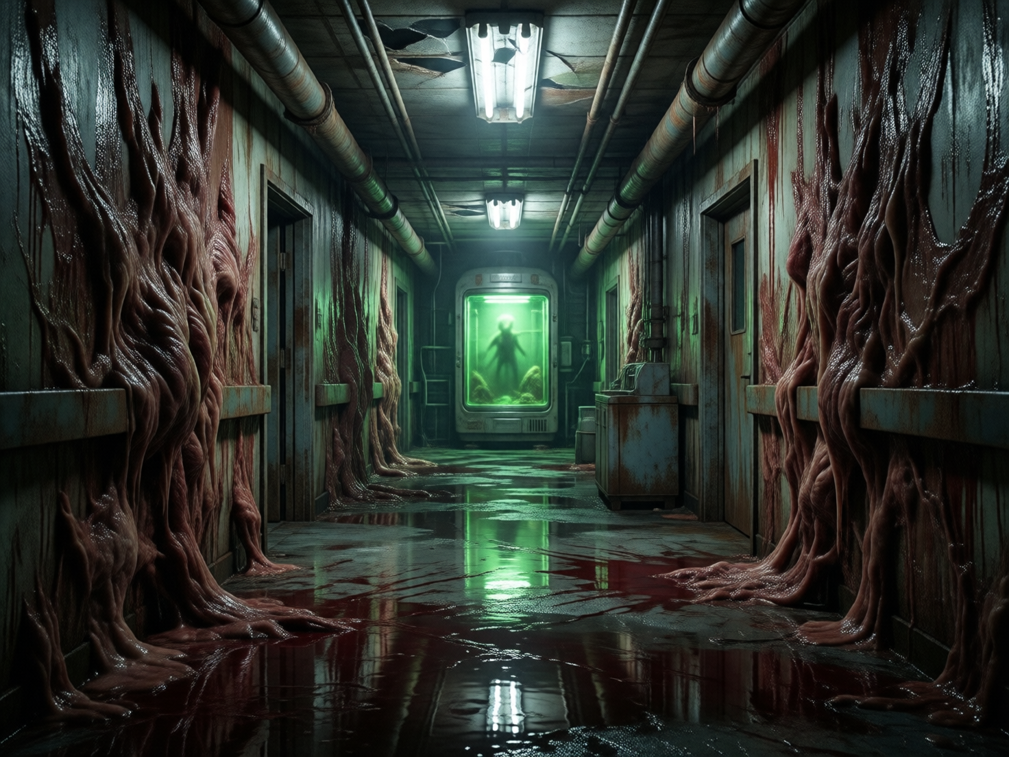 图中展示了一个充满恐怖与科幻氛围的废弃实验室走廊。画面采用对称式构图，视角正对着走廊尽头。走廊两侧的墙壁上覆盖着大量肉色、类似生物组织的黏稠物质，它们像树根一样从天花板蔓延至地面，质感湿滑且令人不安。地面上积满了暗红色的液体，倒映着天花板上昏暗的日光灯和尽头处的绿光。走廊尽头矗立着一个巨大的发光培养舱，舱内充满绿色的液体，隐约可见一个长有多条肢体的诡异生物剪影。整体色调阴暗，以冷灰色、血红色和诡异的荧光绿为主。

在 AI 生成的细节方面，存在一些逻辑上的瑕疵：天花板上的管道排列显得有些杂乱且不符合工程逻辑，部分管道在延伸过程中凭空消失或与墙体融合。走廊右侧的门框与墙上的生物组织衔接处显得生硬，缺乏自然的物理遮挡关系。此外，地面的积水倒影虽然增加了氛围，但其反射的灯光位置与顶部的光源位置在透视上略有偏移，显得不够真实。