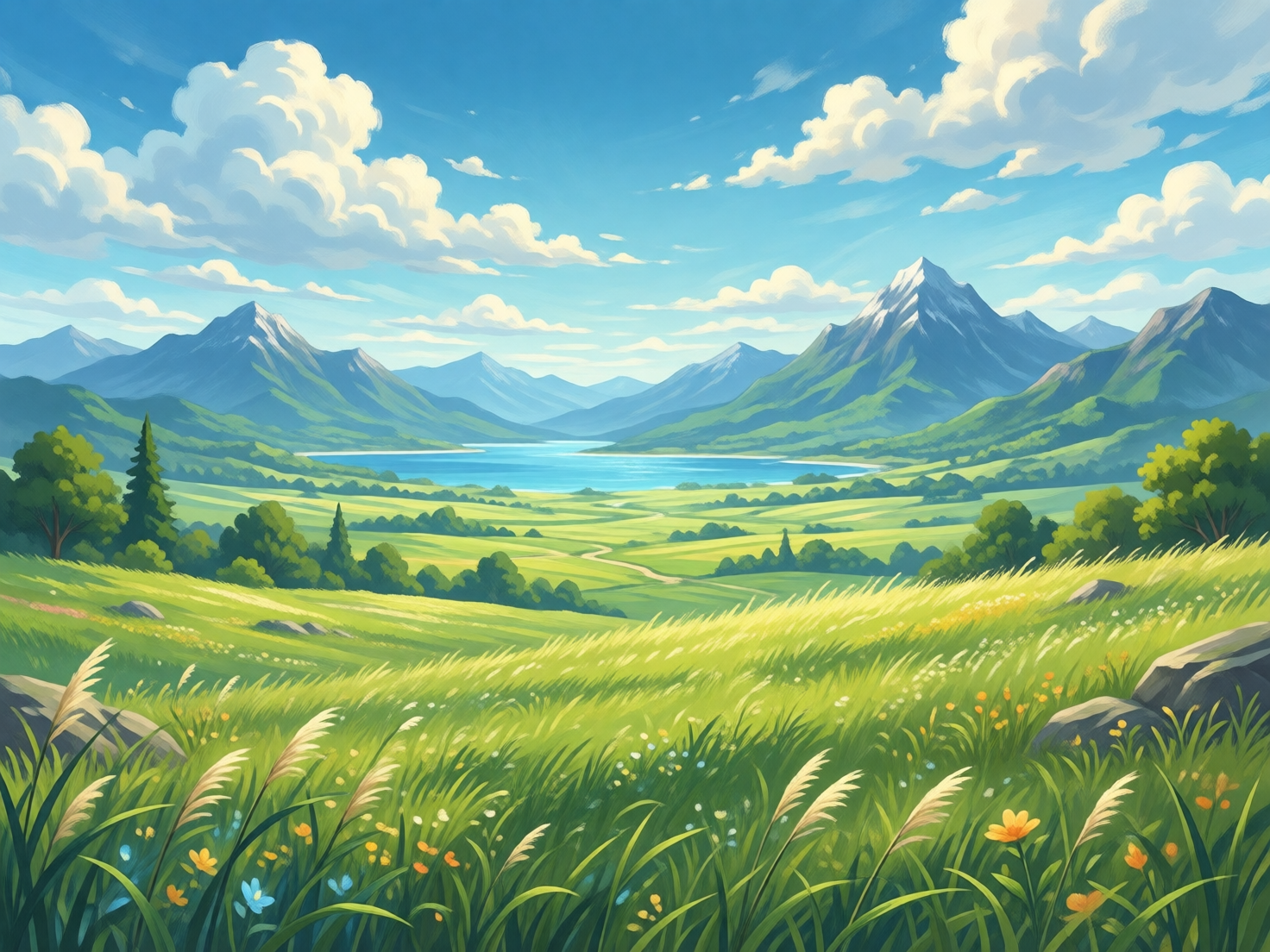 图中展现了一幅色彩明亮、充满生机的宫崎骏动漫风格自然风景画。画面采用开阔的远景构图，近景是茂盛的草地，点缀着白色、黄色和蓝色的小野花，几丛芦苇随风摇曳。中景是一片绵延的绿色山谷，一条蜿蜒的小径通向远方碧蓝的湖泊。背景由雄伟的群山环抱，山顶覆盖着皑皑白雪，天空湛蓝，漂浮着如棉花糖般厚实的白色积云。整体色调以翠绿、天蓝和纯白为主，给人一种宁静治愈的感觉。在 AI 生成的细节方面，存在一些逻辑异常：画面左侧的一棵松树与背景山脉的透视关系略显模糊，仿佛悬浮在半空；远处的湖泊边缘与山脚的衔接过于生硬，缺乏自然的过渡。此外，草丛中的光影分布不够统一，部分花朵的形状呈现出不规则的色块堆叠。