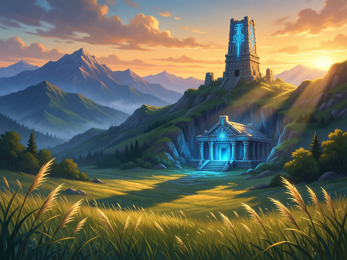 图中展现了一幅带有奇幻色彩的壮丽山峦景观。画面前景是随风摇曳的长草丛，在夕阳的映射下呈现出金黄色。中景处，一座古老的石质神庙嵌入山体之中，其入口和装饰纹路散发着幽蓝色的神秘光芒。神庙上方的小山丘上，矗立着一座高耸的石塔，塔身上刻有巨大的发光蓝色符文。背景是连绵起伏的雄伟雪山，沐浴在橙红色的晚霞中，阳光从右侧云缝中射出，形成明显的丁达尔效应。整体色调由温暖的橙黄与冷峻的幽蓝构成对比，构图开阔。

画面中存在一些明显的 AI 生成缺陷：神庙右侧的石柱排列显得有些杂乱且透视不一，部分柱体与山体岩石的融合显得生硬且不合逻辑；石塔顶部的结构线条略显歪斜，且塔基处的台阶在细节上缺乏连贯性；此外，左侧远山处的云雾边缘处理得过于平滑，缺乏自然的层次感。