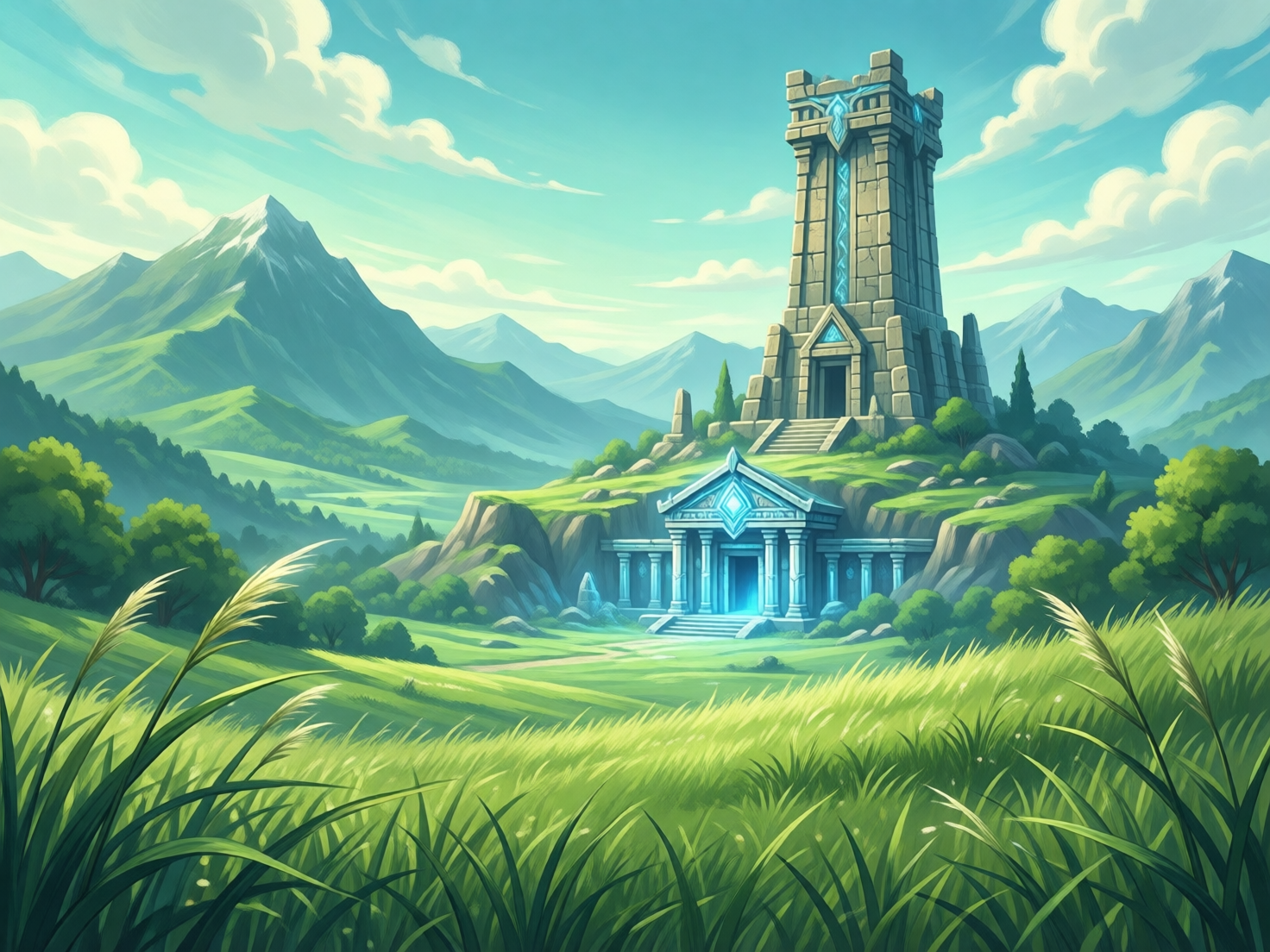 图中展现了一幅充满奇幻色彩的自然景观。画面前景是茂盛的翠绿色草丛，几株修长的芦苇随风摇曳。中景处坐落着一座依山而建的宏伟石质建筑，它融合了古代神庙与高塔的设计，建筑表面镶嵌着发光的蓝色符文，散发出神秘的幽光。背景是连绵起伏的青翠山峦，远处的山峰顶端覆盖着皑皑白雪，天空呈现出明亮的淡蓝色，点缀着几朵如棉絮般的白云。整体色调清新自然，以绿、蓝、灰为主，给人一种宁静而壮阔的视觉感受。在 AI 生成的细节方面，存在一些逻辑缺陷：画面右侧山坡上的树木分布略显生硬，缺乏自然的疏密过渡；高塔顶部的石块纹理与透视关系在细节处不够严谨，显得有些扭曲；此外，通往神庙的台阶与周围草地的衔接处处理得较为模糊，缺乏真实的物理结构感。