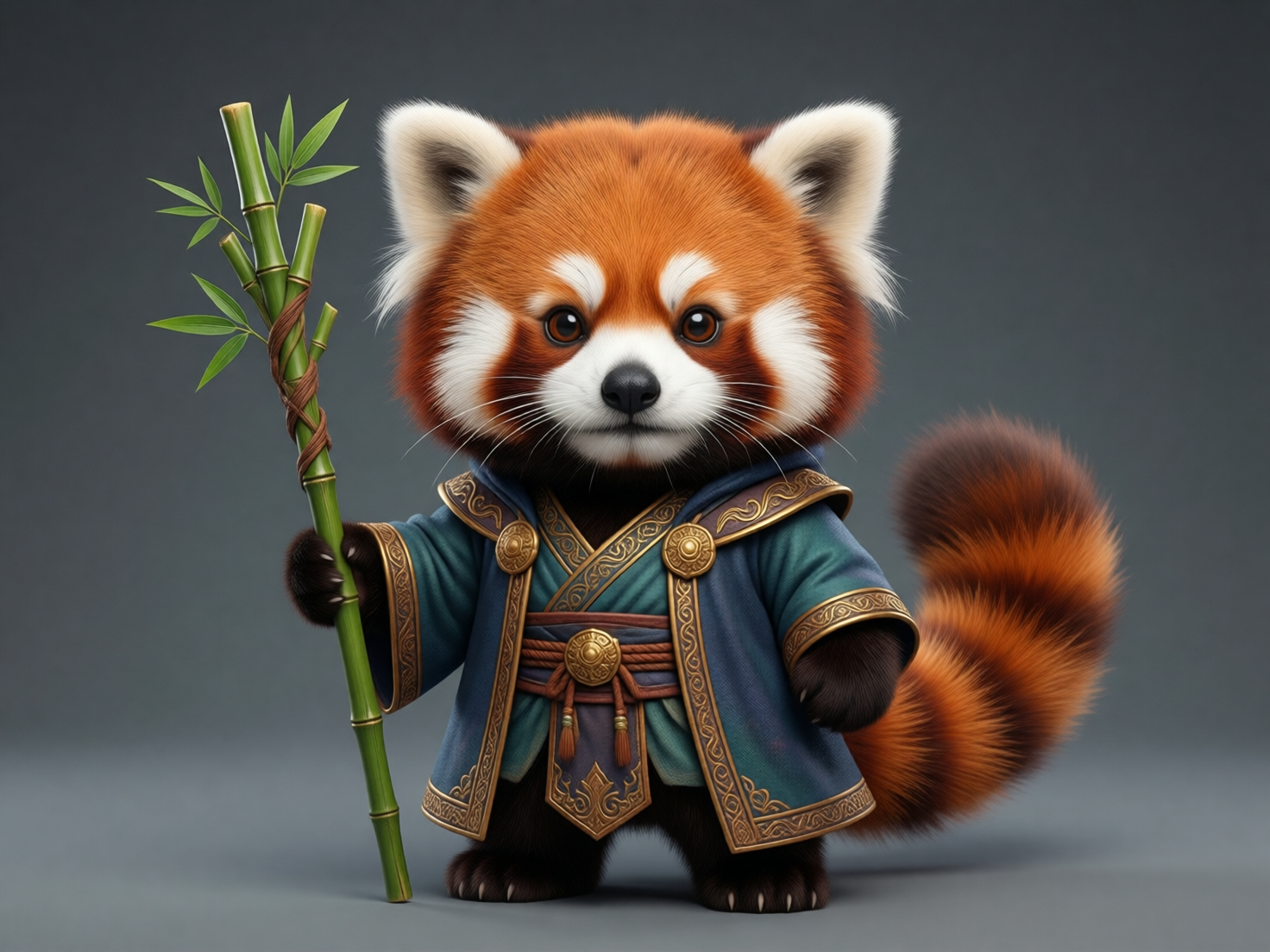 画面中是一只拟人化的小熊猫，它呈现出一种类似奇幻武士或智者的形象。这只小熊猫拥有标志性的红褐色皮毛、白色的面部花纹和蓬松的环状花纹大尾巴，眼神温和且坚定。它身穿一件精致的深蓝色中式古风长袍，边缘镶有金色的云纹装饰，腰间系着带有金属圆盘扣的腰带，整体风格融合了东方古典美学。它右手握着一根翠绿的竹杖，竹杖顶端还带着几片嫩叶。背景是纯净的深灰色，使主体更加突出。

在 AI 生成的细节方面，存在一些明显的逻辑缺陷：首先是小熊猫右手握持竹杖的方式，爪子与竹竿的接触点显得模糊且不符合物理结构，看起来像是竹竿直接穿过了手部。其次，左侧袖口内没有露出明显的手爪，显得空荡。此外，竹杖上缠绕的棕色藤条在交汇处缺乏合理的编织逻辑，呈现出一种扭曲的融合感。尽管如此，整体画面的色彩饱和度高，毛发质感表现得非常细腻。