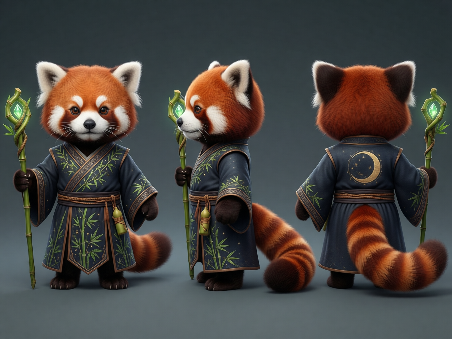 图中展示了一只拟人化的小熊猫法师的角色设计三视图，背景为纯净的深灰色。这只小熊猫拥有红褐色的蓬松毛发、白色的眉斑和标志性的环状花纹大尾巴。它穿着一套深蓝色的中式长袍，袍子上绣有绿色的竹子图案，腰间系着麻绳，并挂着一个小葫芦。它手中握着一根由竹节制成的法杖，顶端镶嵌着发光的绿色宝石。画面从左至右依次呈现了正面、侧面和背面的全身造型，背面长袍上还绣有金色的月亮与星辰图案。

在 AI 生成的细节方面存在一些明显的逻辑缺陷：首先是法杖的持有方式，正面视角中小熊猫的手指与法杖的融合显得生硬，且侧面视角中手部几乎消失在袖口内；其次是尾巴的生长位置，在侧视图和背视图中，尾巴似乎是直接从长袍外部长出来的，没有合理的开口设计；最后，法杖顶端的宝石形状和竹节纹理在三个视角中并不完全一致，存在细微的形变。