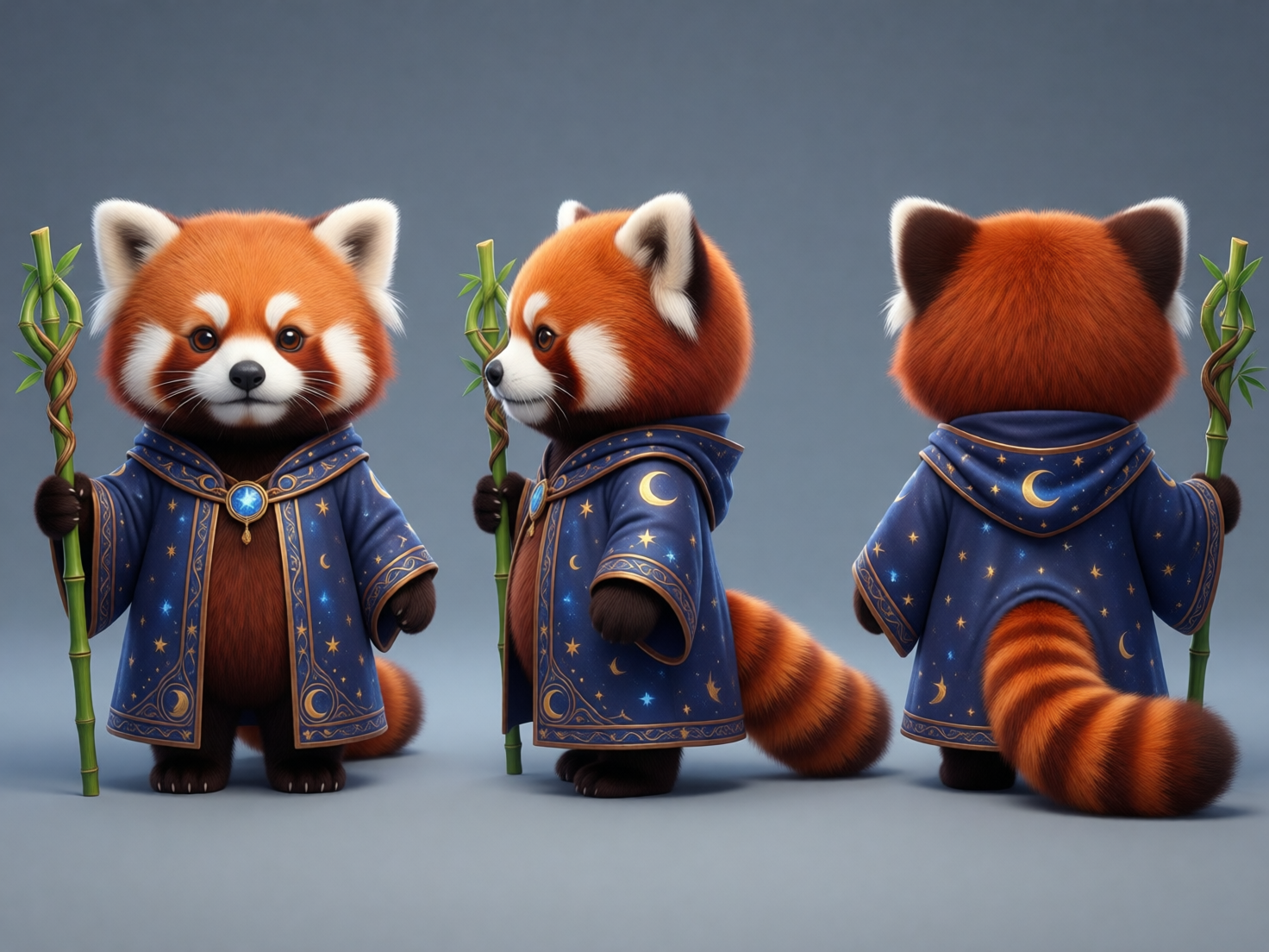 图中展示了一只可爱的小熊猫法师的三视图，背景为纯净的灰蓝色。这只小熊猫拥有红褐色的浓密毛发、白色的耳朵边缘和面部花纹，以及标志性的环状条纹大尾巴。它身穿一件深蓝色的法师长袍，袍子上点缀着金色的星星、月亮图案和精致的滚边，胸前佩戴着一颗发光的蓝色宝石。它手中握着一根由青绿色竹子制成的法杖，竹节处还缠绕着藤蔓。画面从左至右依次展示了正面、侧面和背面的形象，整体风格偏向 3D 卡通渲染。在 AI 生成的细节上存在一些逻辑缺陷：左侧正面图中，小熊猫右手握住法杖的位置与法杖底部的透视关系略显生硬；中间侧面图中，法杖似乎悬浮在爪子前方，并未被真正握住；右侧背面图中，尾巴从长袍下摆伸出的位置缺乏合理的开口剪裁，且法杖顶部的竹叶形状与正面图并不完全一致。