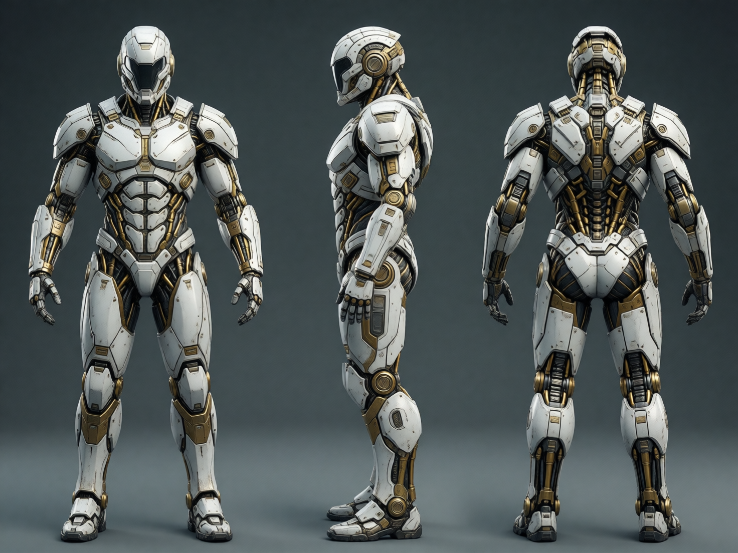 图中展示了一套科幻风格的全覆盖式机械外骨骼装甲的三视图，背景为纯净的深灰色。装甲以白色面板为主，辅以华丽的金铜色机械关节和黑色内衬，呈现出一种高科技且精致的质感。画面从左至右依次排列着装甲的正视图、侧视图和背视图。正视图显示胸甲和腹甲模仿了人类肌肉线条，头盔带有黑色面罩；侧视图突显了装甲的厚度与流线型设计；背视图则展示了脊椎处的精密机械结构。然而，画面存在明显的 AI 生成缺陷：在正视图中，装甲的左手手指数量异常且形状扭曲，右手的手指结构也模糊不清；侧视图中的脚部出现了重影，仿佛有两只脚重叠在一起；背视图的左手部分则显得过于细长且关节连接不自然。这些细节上的逻辑错误是 AI 在处理复杂肢体结构时常见的偏差。