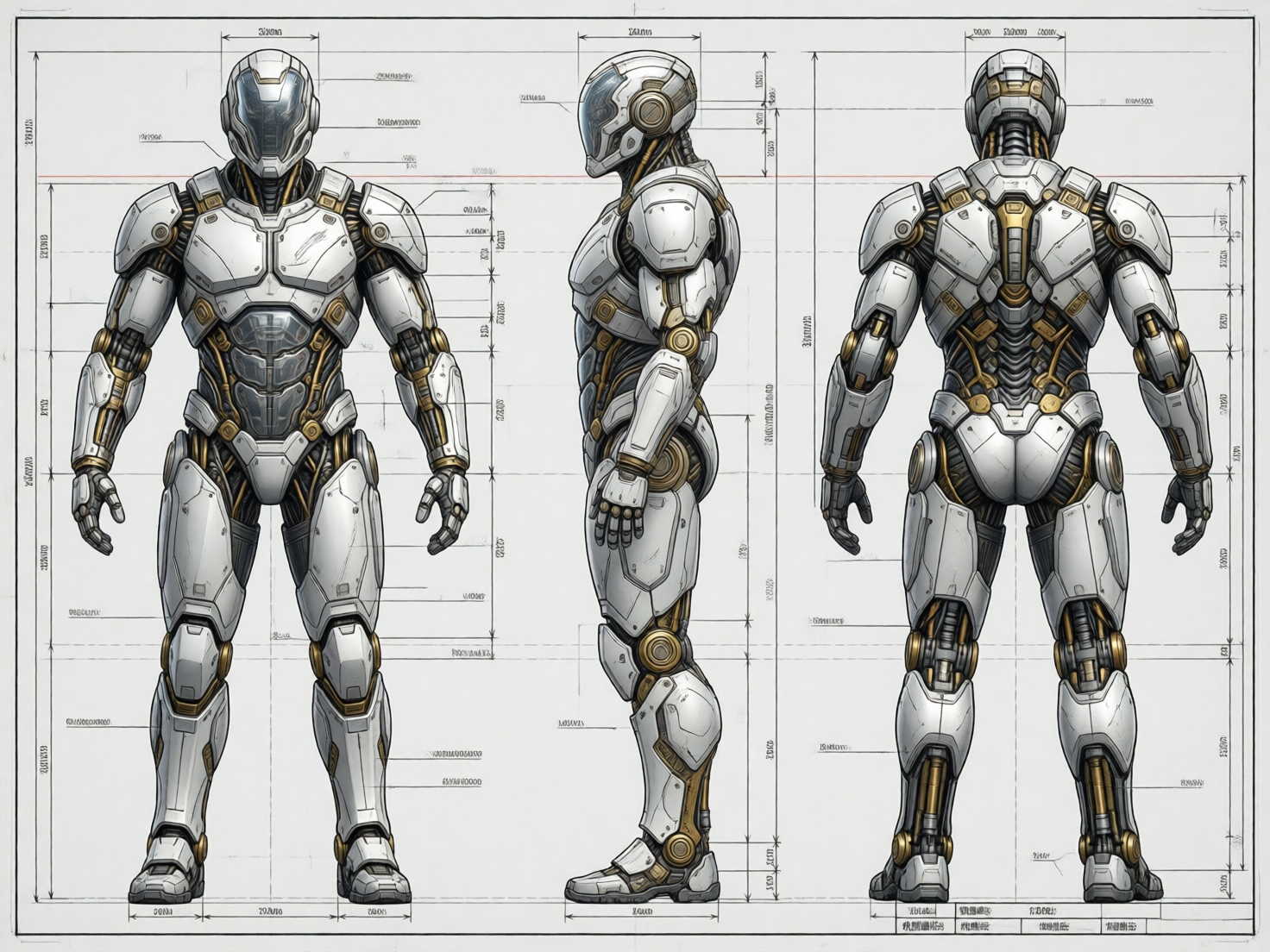 图中展示了一张科幻风格的机械装甲设计蓝图。画面采用三视图构图，从左至右依次呈现了装甲的正视图、侧视图和背视图。这套装甲以白色外壳为主，点缀着金色的关节连接件和深灰色的内部机械结构，整体造型充满力量感，类似未来主义的宇航服或战斗机甲。背景是干净的浅灰色，四周布满了密集的标注线、尺寸界线和类似技术参数的文字。

作为 AI 生成的图像，画面存在明显的逻辑缺陷：首先，所有的标注文字均为无法辨认的乱码字符，并非真实的语言；其次，在细节处理上，左侧正视图的手指数量和形状显得模糊且不自然，侧视图中腿部与脚踝的机械连接逻辑较为混乱。此外，画面边缘的尺寸标注线分布杂乱，部分线条在没有对应结构的地方凭空出现或交叠，体现了 AI 在处理复杂工程制图逻辑时的局限性。