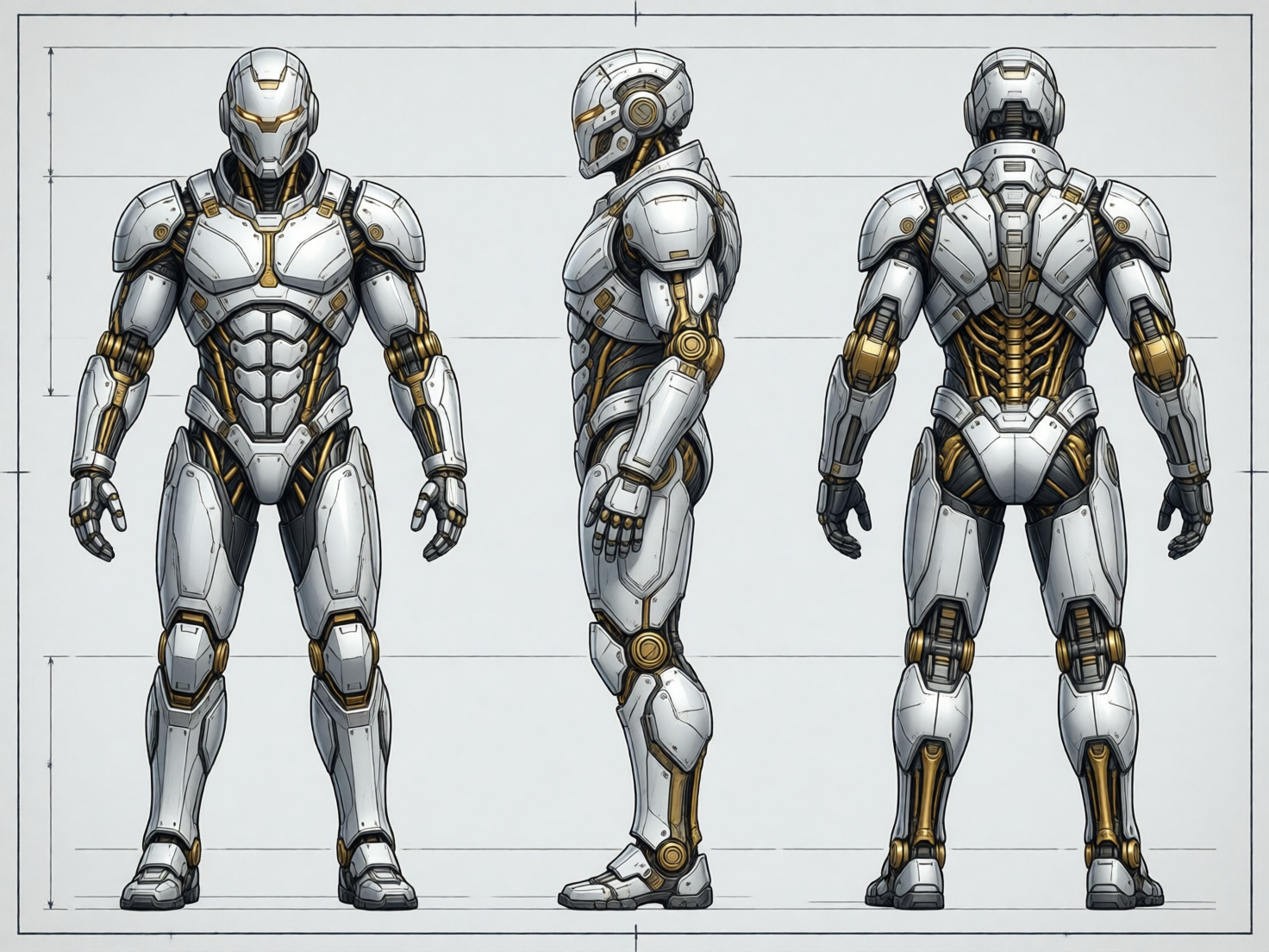 画面中展示了一张科幻风格的全金属机甲战士设计草图。背景是浅灰色的工程制图纸，带有水平的参考线和刻度标注。图中从左至右分别呈现了机甲的正视图、侧视图和背视图。这套装甲以珍珠白为主色调，关节和内部机械结构则采用了亮眼的金色和深灰色金属材质。机甲外形硬朗，具有明显的肌肉线条感，头部配有全封闭式头盔，双眼处透出淡淡的金光。

在 AI 生成的细节方面，存在一些明显的逻辑缺陷：首先，最左侧正视图的手指数量和形状显得模糊且不自然，指节分布不均；其次，背景中的水平参考线在穿过机甲身体时出现了断裂或对齐偏差，并未起到真实的测量作用；此外，侧视图中的脚部支撑点与正视图的水平线略有高低落差，且盔甲上的金色管线在不同视角下的连接逻辑并不完全一致，存在一定的视觉混乱。