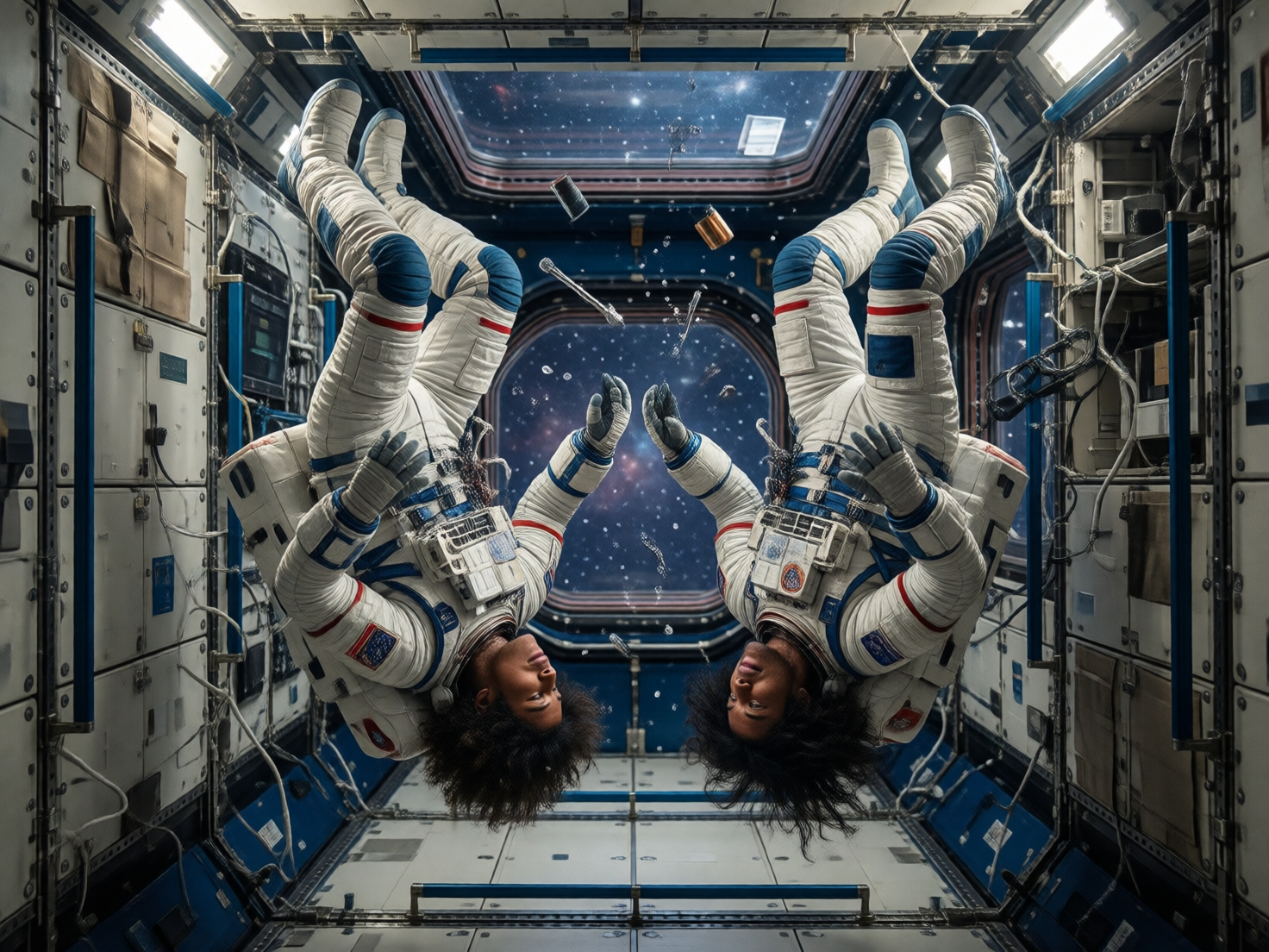 图中展示了一个充满科幻感的空间站内部场景，画面呈现出一种左右镜像对称的构图。两名肤色较深的女性宇航员身着白色的厚重宇航服，在失重状态下头朝下倒挂着，悬浮在舱体中央。她们的面部相对，头发因失重而向上蓬松散开。背景是布满精密仪器、管线和金属舱壁的狭窄走廊，尽头的一扇圆形舷窗透出深邃的星空。画面色调以冷白和深蓝为主，点缀着宇航服上的红色条纹。

作为 AI 生成的图像，画面存在明显的逻辑与结构缺陷：首先，图像呈现了近乎完美的左右镜像，包括宇航员的姿态、面部特征甚至背景杂物，这在现实摄影中极难实现。其次，细节处存在严重畸变，例如宇航员的手部指节模糊且数量异常，胸前的控制面板布满了无意义的乱码和扭曲的色块，且部分漂浮在空中的细小零件形状怪异，缺乏真实的物理结构。此外，两人的头发虽然散开，但重力感表现并不自然。