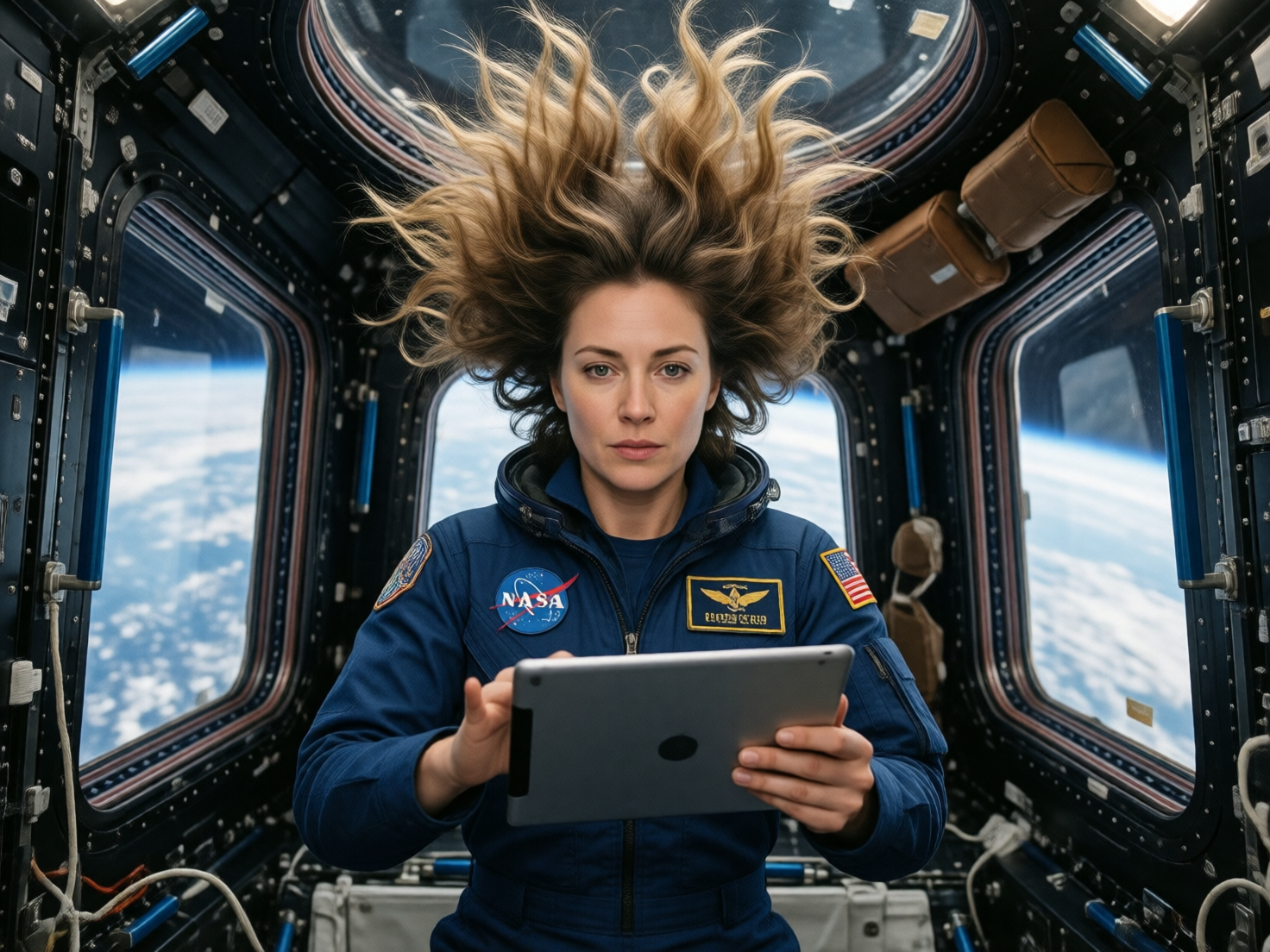 图中展示了一位身穿深蓝色宇航服的女性宇航员，正身处国际空间站的穹顶舱内。她位于画面中央，手持一台银色平板电脑，神情专注。由于处于失重环境，她棕褐色的长发像火焰一样向上方和四周蓬松散开。背景的舷窗外可以清晰地看到蔚蓝的地球边缘和白云。宇航服上贴有 NASA 标志、美国国旗以及金色飞行胸章。画面构图对称，光线明亮且具有科技感。

在 AI 生成的细节方面存在一些明显的缺陷：宇航员右手的手指显得有些短促且形状模糊，与平板电脑边缘的接触感不自然。宇航服胸前的 NASA 标志虽然轮廓相似，但内部的文字和线条细节出现了扭曲和乱码。此外，右侧胸章上的文字也是无法辨认的虚假字符。舱室内的机械结构在细节处略显杂乱，缺乏真实的工程逻辑。