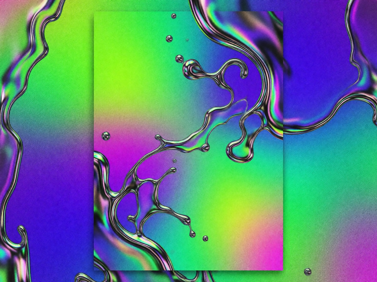 图中展示了一幅极具现代感的抽象艺术作品，整体风格呈现出液态金属与霓虹色彩的交融。画面背景由鲜艳的亮绿色、深紫色和玫红色组成，带有明显的噪点颗粒感，营造出一种复古又前卫的氛围。在这些色彩之上，漂浮着如同水银般的液态金属物质，它们呈现出蜿蜒、飞溅的动态形状，表面具有极高的光泽度，反射出周围环境的绚丽色彩。构图上，画面中心有一个矩形区域，其色彩分布与边缘背景略有错位，形成了一种“画中画”的视觉层次感。

作为 AI 生成的图像，画面中存在一些逻辑上的瑕疵：液态金属的流向在矩形边界处出现了不自然的断裂和错位，部分飞溅的小液滴在空间中的透视关系显得不够协调，仿佛生硬地贴在背景上。此外，金属边缘的阴影处理在某些区域显得过于突兀，缺乏真实的物理深度感。尽管如此，整幅画作依然展现出一种迷幻且充满活力的视觉冲击力。