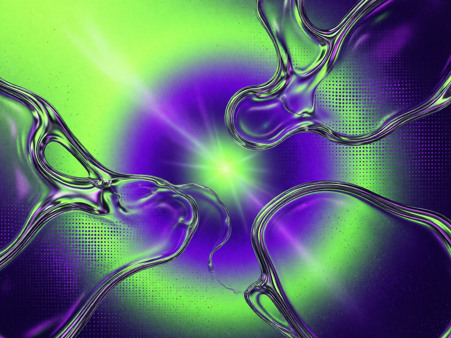 图中展示了一幅充满动感的抽象艺术画面，主要由鲜艳的荧光绿和深邃的紫色交织而成。画面中心是一个明亮的绿色光源，向四周放射出柔和的光芒。在背景之上，分布着几团具有金属质感且透明的流体物质，它们呈现出不规则的液态形状，边缘带有银色的反光，仿佛水银或熔化的玻璃在空中漂浮。背景中还点缀着细腻的半色调圆点纹理，增加了画面的层次感。构图上，这些液态元素从画面的四个角落向中心汇聚，形成一种向心力感。作为 AI 生成的图像，其缺陷在于液态物质的边缘衔接略显生硬，部分阴影与光源方向不完全吻合，且左侧流体末端出现了一些破碎、不连贯的细小线条，显得不够自然。