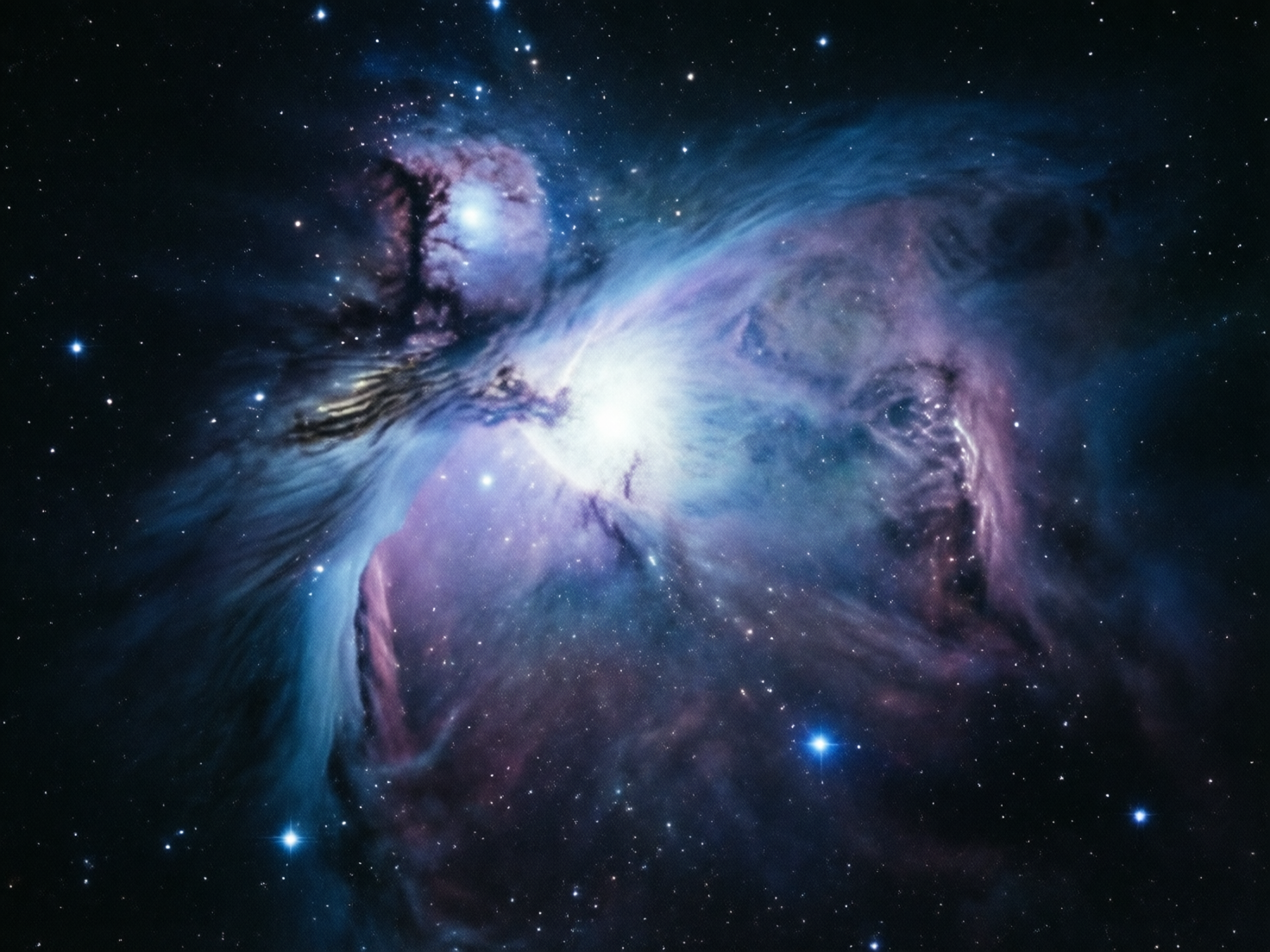 画面中展现了一幅宏大且深邃的宇宙星云景观。背景是漆黑的深空，点缀着无数细小如尘埃的白色恒星。画面的中心偏左位置，一团巨大的星云正散发出绚丽的光彩，主要色调由深邃的宝蓝色、柔和的淡紫色以及暗沉的紫红色交织而成。星云的中心有一处极其明亮的白色光源，仿佛一颗正在剧烈燃烧的恒星，向四周喷薄出如丝绸般顺滑的蓝色气流。构图上，星云呈现出一种向右上方流动的动态感，明暗对比强烈，营造出一种神秘而壮丽的氛围。

作为 AI 生成的图像，画面中存在一些不符合物理规律的缺陷：星云内部的纹理在某些区域显得过于平滑且具有重复性，缺乏真实天文摄影中的随机颗粒感；中心光源周围的光晕分布不够自然，边缘处出现了生硬的像素涂抹痕迹；此外，部分明亮的恒星光芒呈现出不规则的放射状，与真实光学镜头产生的星芒形状有所偏差。