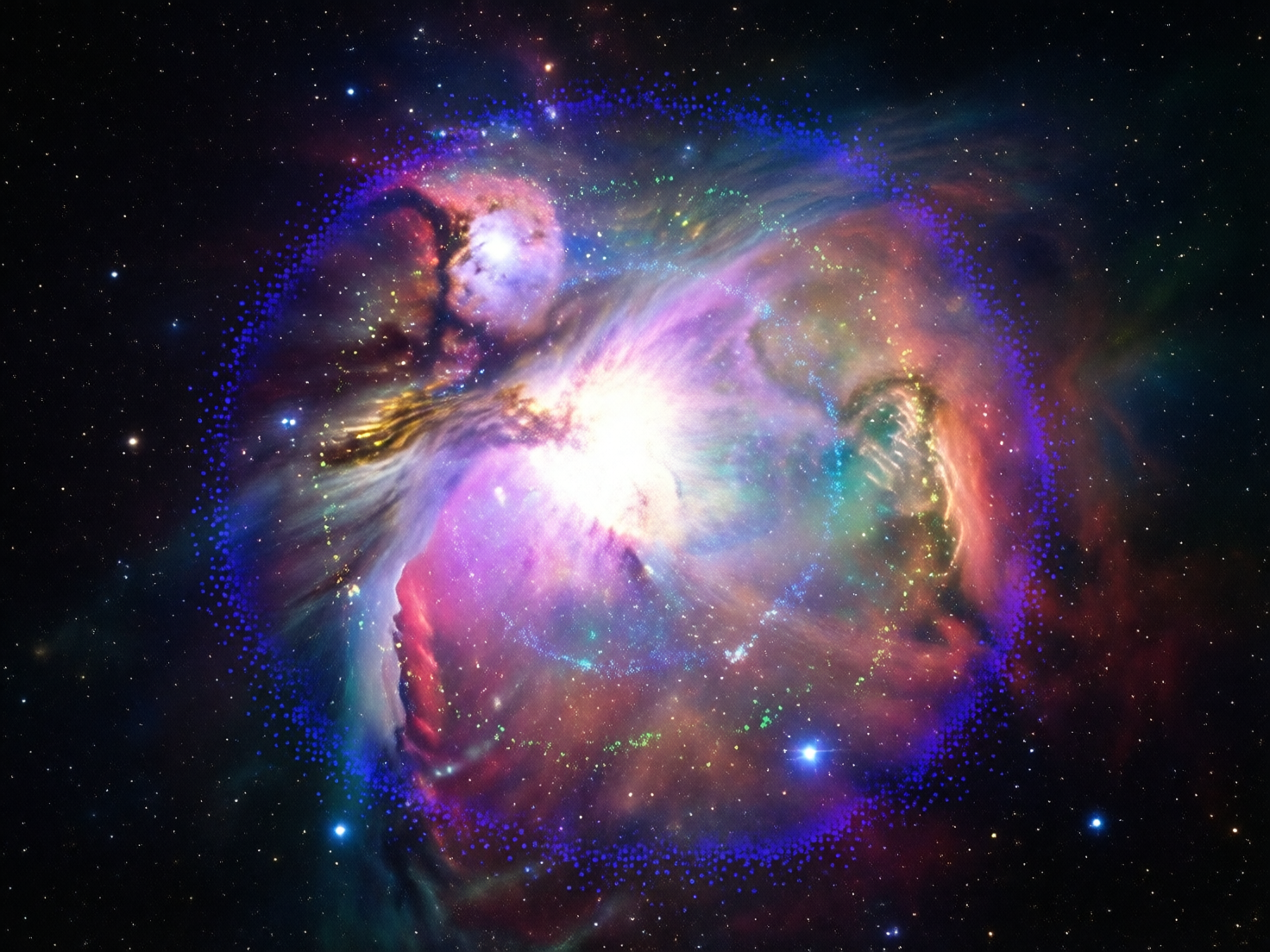 图中展示了一幅绚丽多彩的深空星云景象。画面中心是一个巨大的、放射状的星云，色彩极其丰富，包含了明亮的粉色、紫色、青蓝色和橙色，中心区域呈现出耀眼的白色强光，仿佛一颗恒星正在爆发。星云的外围被一圈由深蓝色圆点组成的环状结构所包围，这些圆点分布均匀，呈现出一种半色调的网点效果。背景是深邃的黑色太空，点缀着无数细小的白色星点和几颗带有十字星芒的明亮恒星。

从 AI 生成的角度来看，这张图片存在明显的逻辑异常：画面中出现的蓝色半色调圆点环具有强烈的数字化处理痕迹，这种整齐的几何排列在真实的宇宙天文摄影中是不可能存在的。此外，星云内部的色彩过渡虽然华丽，但部分光影的流向显得杂乱且缺乏物理连贯性，这种将自然景观与平面设计元素生硬结合的特征，是 AI 艺术创作中常见的视觉冲突。