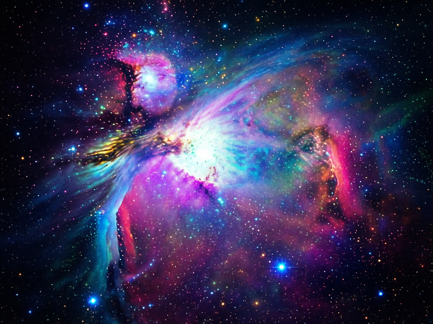 画面中展现了一幅绚丽夺目的深空星云奇观，仿佛置身于遥远的宇宙中心。构图以中心偏左的一处耀眼白色恒星爆发点为核心，向四周扩散出五彩斑斓的气体云团。色彩极其丰富，融合了深邃的靛蓝、明亮的青色、梦幻的紫罗兰色以及炽热的粉红与橙色，背景则是布满细碎星光的漆黑太空。星云的质感呈现出流沙般的丝滑与烟雾般的轻盈，明暗对比强烈，营造出宏大的空间感。在 AI 生成的细节方面，可以观察到一些不符合物理规律的瑕疵：部分星点的分布过于均匀且呈现出重复的网格感，某些色彩交界处的过渡略显生硬，缺乏真实天文摄影中那种自然的光学晕染。此外，画面右侧的部分星云纹理出现了类似画布涂抹的笔触痕迹，与真实的星际尘埃结构有所偏差。