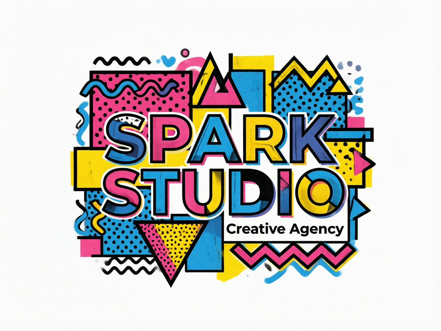 图中展示了一张充满活力的孟菲斯设计风格标志，背景为纯白色。画面中心是两行粗体无衬线字体，上方大字为“SPARK”，下方稍小字为“STUDIO”，右下角附有较小的黑色文字“Creative Agency”。整体配色方案非常大胆，使用了高饱和度的明黄、玫粉、天蓝和深蓝。文字周围环绕着大量几何元素，包括带有黑色波点填充的矩形、三角形，以及锯齿状的波浪线和不规则的色块，呈现出一种复古又现代的拼贴感。

在 AI 生成的细节方面，存在一些明显的逻辑缺陷：首先，字母的颜色填充极不规则，例如“STUDIO”中的字母“O”被分割成了黄、蓝、黑三种颜色，且边缘衔接生硬；其次，部分装饰线条出现了断裂或模糊，如左上角的蓝色波浪线末端有明显的喷涂虚影；此外，背景中的几何图形叠加逻辑混乱，部分黑色边框粗细不一，且右侧的蓝色三角形与矩形结合处透视关系模糊，显示出 AI 在处理复杂平面排版时的局限性。