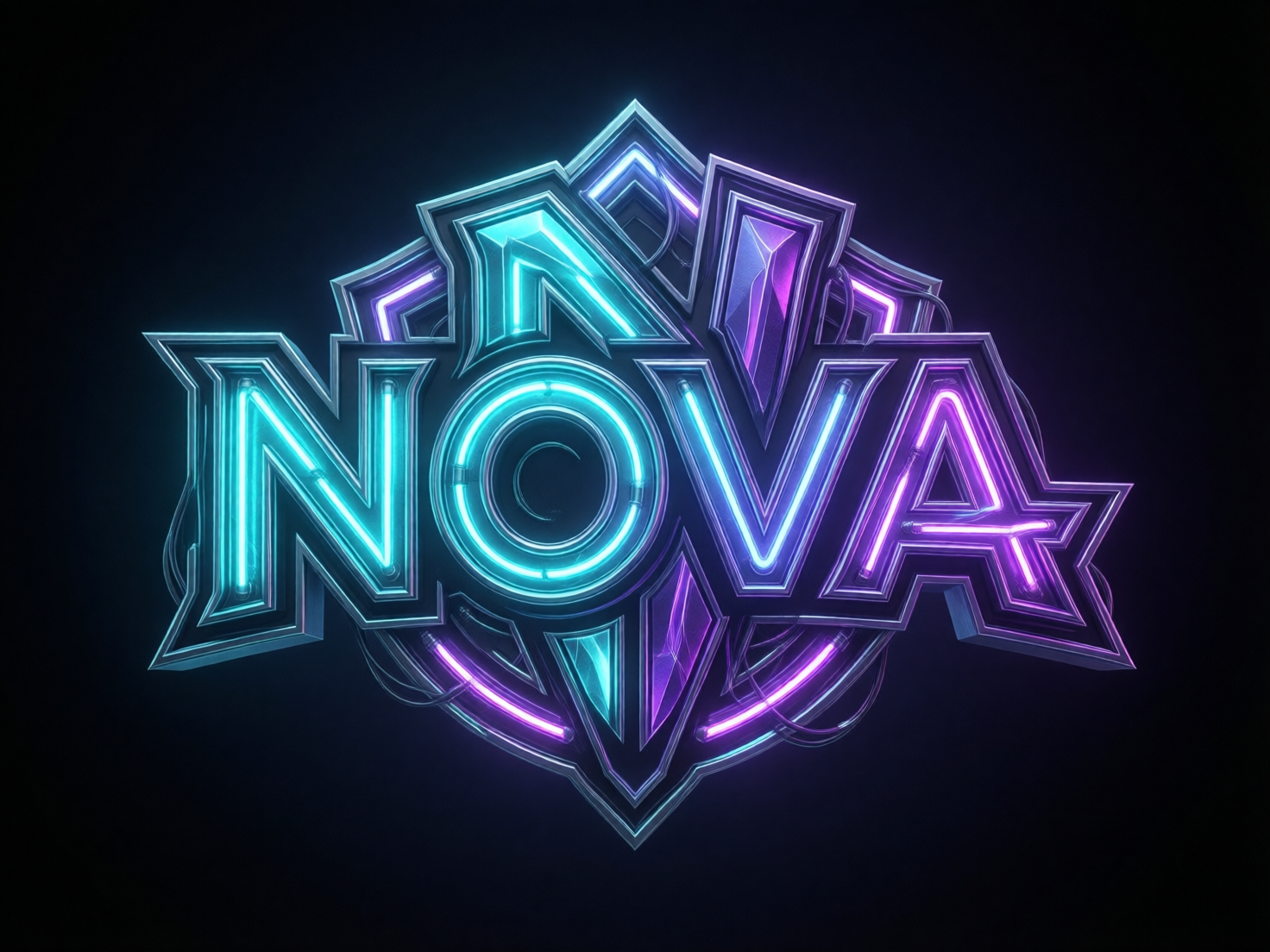图中展示了一个具有赛博朋克风格的 3D 霓虹灯标志，背景为纯黑色。画面中心是加粗的英文字母“NOVA”，字体呈现出强烈的金属质感和立体棱角。字母内部镶嵌着发光的霓虹灯管，颜色从左侧的明亮青蓝色平滑过渡到右侧的深紫色。标志后方衬托着一个复杂的几何盾牌底座，同样带有发光的线条和交错的电缆装饰，整体构图对称且充满科技感。

在 AI 生成的细节方面，存在一些明显的逻辑缺陷：字母“O”的内部霓虹灯管呈现出不自然的螺旋状，且中心圆环并不规整；字母“V”的左侧顶端与背景装饰的衔接处显得模糊且结构混乱；此外，标志底部和后方的电缆线条分布随机，缺乏实际的物理连接逻辑，部分线条在空间中凭空消失或重叠，显示出 AI 在处理复杂几何结构时的局限性。