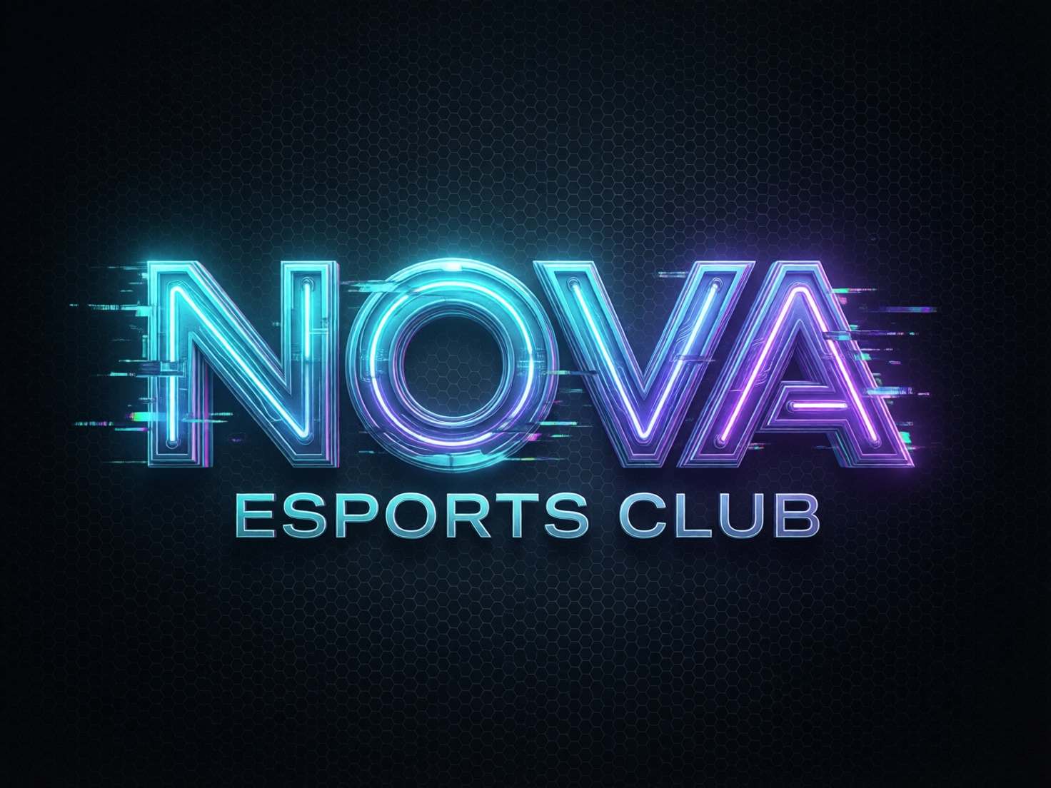 画面中展示了一个具有赛博朋克科技感的电子竞技俱乐部标志。背景是深灰色的蜂窝状金属网格纹理，给人一种坚实、工业化的视觉感受。画面中心是巨大的 3D 立体艺术字体“NOVA”，采用了青蓝色到紫粉色的渐变霓虹灯效果，字体边缘带有明显的电子故障风（Glitch Art）横向拉丝和像素破碎效果，仿佛信号干扰。在“NOVA”下方，排列着整齐的银蓝色字体“ESPORTS CLUB”。整体构图居中，光影对比强烈，营造出一种充满活力的电竞氛围。在 AI 生成的细节方面，可以观察到“NOVA”四个字母的厚度和透视角度略有不统一，尤其是字母“O”的圆环内部线条显得有些杂乱，字母“A”的横杠处霓虹灯管的连接逻辑不够严谨，呈现出一种超现实但略显不自然的机械结构。