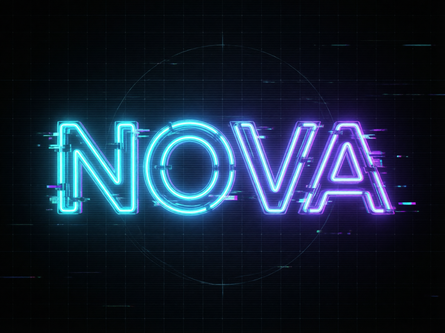 图中展示了一个具有赛博朋克科技感的霓虹灯文字标志。画面中心是四个大写的英文字母“NOVA”，呈现出一种从左侧青蓝色向右侧紫红色渐变的荧光效果。字母采用了双线条的管状设计，仿佛发光的霓虹灯管，背景是深黑色的网格线，带有一种类似雷达或工程制图的科技底纹。整个画面充满了数字故障艺术风格（Glitch Art），字母边缘和背景中散布着许多水平方向的彩色断裂线条和像素位移，营造出一种电子屏幕闪烁或信号不稳定的视觉感。在字母背后，还隐约可见一个细线条构成的圆形轮廓。从 AI 生成的角度看，虽然字母拼写正确且清晰，但部分故障效果的线条分布显得较为随机，缺乏物理逻辑，且字母“O”内部的圆环线条在右侧略显不连贯，这些细微的破碎感是典型的数字生成痕迹。