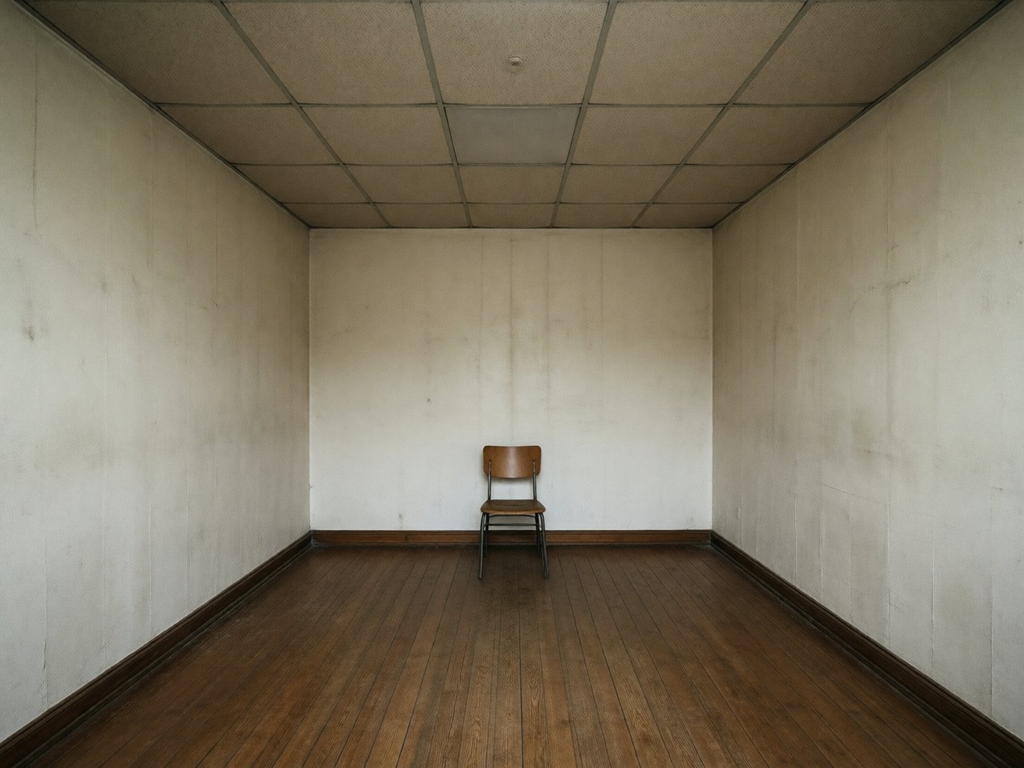 图中展示了一个空旷且略显压抑的室内房间。画面采用对称构图，正中央靠墙放置着一把孤零零的木质靠背椅。房间的墙壁呈现出斑驳的灰白色，带有明显的污渍和受潮的痕迹；天花板由老旧的方形网格板组成，颜色昏暗；地面则是深褐色的木地板，纹理清晰。整体色调偏向冷淡和陈旧，营造出一种荒废或审讯室般的冷寂氛围。在 AI 生成的细节方面，存在明显的透视和逻辑缺陷：天花板的网格线条在延伸至墙角时显得扭曲且不均匀，未能形成准确的透视交汇；墙壁与地板交界处的踢脚线在左右两侧厚度不一；最明显的缺陷是椅子下方的阴影与光线方向不符，且椅腿与地板的接触点显得模糊，仿佛悬浮在地面上，缺乏真实的重力感。