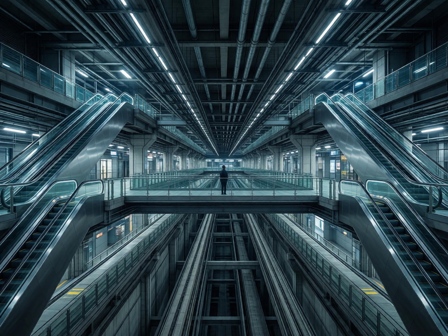 图中展现了一个充满未来感且极度对称的巨型室内交通枢纽，整体色调呈现冷峻的深蓝色和金属灰。画面采用中心透视构图，天花板上密布着整齐排列的管道和长条形冷色灯带，向远方无限延伸。左右两侧各有两组巨大的自动扶梯，呈“X”形交错分布，连接着不同楼层。画面中心有一座横跨深渊的玻璃护栏天桥，一名身着深色衣服的孤独人影正背对着镜头，站在桥中央俯瞰下方深邃的轨道结构。

作为 AI 生成的图像，画面存在明显的逻辑与透视缺陷：首先，扶梯的结构异常，部分扶梯似乎直接插入了墙体或悬空，缺乏合理的支撑结构；其次，下方的轨道系统线条杂乱且不连贯，无法辨认具体的交通功能；天桥上的玻璃护栏在细节处显得模糊且比例失调；此外，远处的灯光和建筑结构在交汇点处出现了扭曲和不自然的重叠，整体空间逻辑在现实中难以成立。