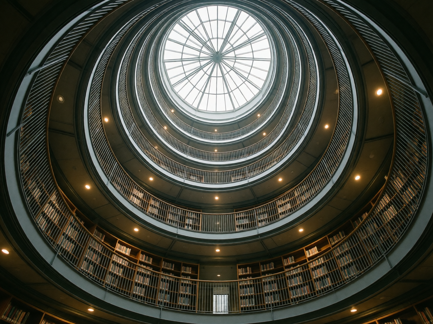 图中展示了一个宏伟的圆形室内空间，采用仰视构图，呈现出强烈的向心力和纵深感。画面中心的最上方是一个巨大的圆形玻璃穹顶，阳光透过格状窗棂洒入，成为视觉焦点。环绕着中心天井，建筑向上延伸出多层环形走廊，每一层都设有密集的金属护栏。走廊内侧嵌入了整齐的木质书架，摆满了各式书籍，营造出一种静谧的图书馆氛围。色调以沉稳的深灰色和温暖的木色为主，走廊天花板上点缀着暖黄色的圆形射灯，像星光一样环绕排列。

在 AI 生成的细节方面，画面存在一些逻辑和透视异常：最下方的环形护栏在中心位置出现了一个奇怪的矩形缺口，其内部结构模糊且不符合物理支撑逻辑。部分书架上的书籍纹理呈现出重复且模糊的色块，缺乏真实书籍的厚度感。此外，随着层数向上递增，护栏的线条逐渐变得扭曲且不连贯，最上层的透视关系显得有些扁平，未能完全契合圆柱形空间的几何弧度。
