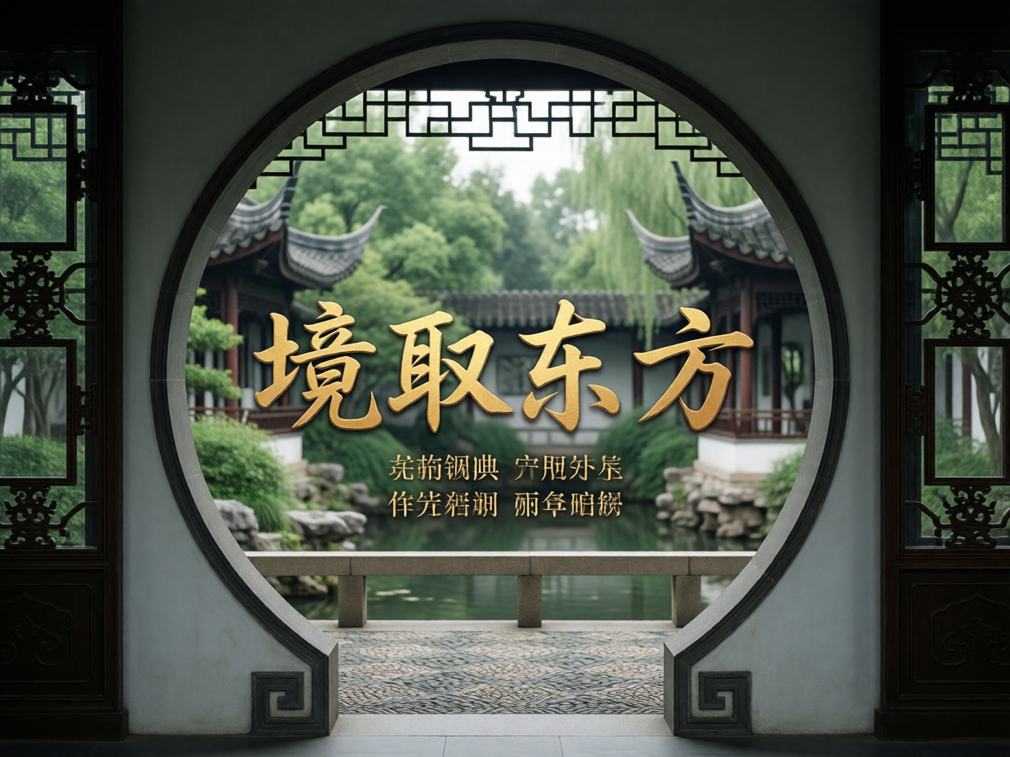 图中展现了一幅极具中式韵味的园林景观。画面采用框景构图，通过一个巨大的白色圆形月亮门向外望去，视觉中心是郁郁葱葱的绿色植被、静谧的池塘以及带有飞檐翘角的传统亭台建筑。整体色调清新雅致，以灰白墙面、深色木框和自然绿意为主。画面中央悬浮着金色立体质感的四个大字「境取东方」，下方配有两行较小的金色文字。然而，画面存在明显的 AI 生成缺陷：底部的金色小字完全无法辨识，是由扭曲且无意义的笔画组成的假文字；月亮门上方的黑色木质格栅纹样左右不对称，线条衔接生硬且逻辑混乱；远处的建筑细节模糊，部分屋顶线条与背景树木融合，缺乏合理的空间透视感。