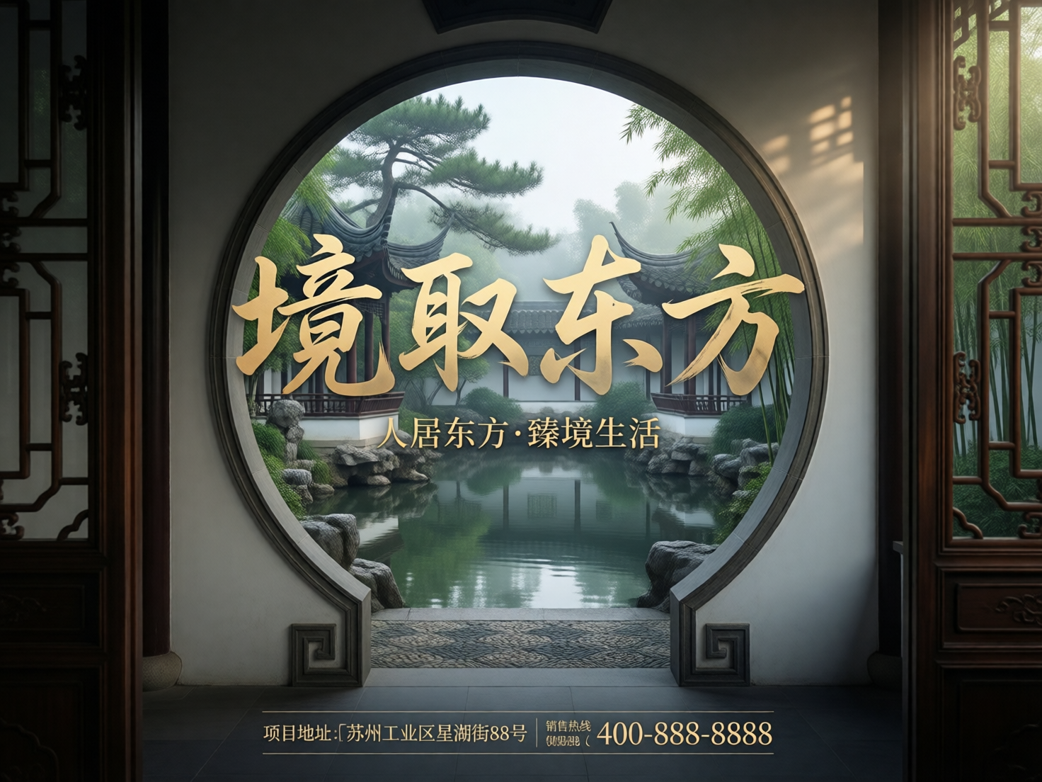 画面中展示了一张具有中式园林风格的房地产海报。构图采用框景手法，通过室内一个巨大的圆形月亮门向外望去，中心是一幅宁静的园林景观：平静的湖面倒映着白墙黛瓦的古建筑，四周环绕着苍翠的松树、翠竹和奇石，整体色调以灰、白、绿为主，营造出一种烟雨江南的朦胧美感。画面正中央浮现着金色书法大字「境取东方」，下方配有较小的副标题和项目信息。

作为 AI 生成的图片，画面存在几处明显的逻辑缺陷：首先，月亮门底部的门槛设计异常，左右两侧的回纹装饰与地面衔接生硬，且门槛中间的石材纹理与两侧不连续。其次，背景中的古建筑结构模糊，屋顶线条在树丛中显得杂乱且不符合重力逻辑。最明显的是底部文字区，虽然「项目地址」和「销售热线」字样清晰，但中间夹杂了一些无法辨认的乱码字符，且电话号码下方的装饰线条出现了断裂和重叠。