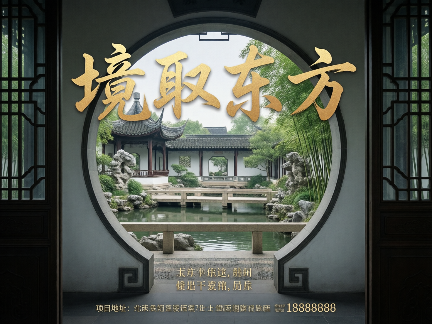图中展示了一幅充满中式韵味的园林景观海报。画面采用“框景”构图，通过室内一扇巨大的圆形月亮门看向室外。园林内有碧绿的水池、曲折的石桥、错落有致的假山以及翠绿的竹林。背景是典型的苏式建筑，白墙黛瓦，飞檐翘角，整体色调清雅幽静。画面上方有四个醒目的金色书法大字“境取东方”，下方则分布着一些较小的金色文字。

作为 AI 生成的图片，画面存在明显的逻辑与细节缺陷：首先，最显著的问题在于文字，除了顶部的四个大字外，下方的所有小字均为无法辨认的乱码，笔画扭曲且毫无意义；其次，月亮门的底部构造异常，左右两边的黑色回纹装饰并不对称，且门框与地面的衔接处透视生硬；此外，远处的建筑结构略显模糊，部分瓦片和窗棂的线条出现了融合与断裂。这些特征表明该图是由人工智能合成的视觉素材。